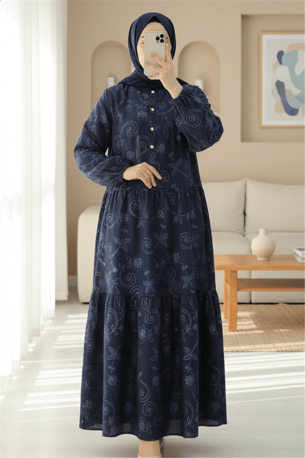 Kolu Lastikli Yarım Düğmeli Jakar Baskılı Parçalı Elbise -Laci-Elbise-398-3016-R03
