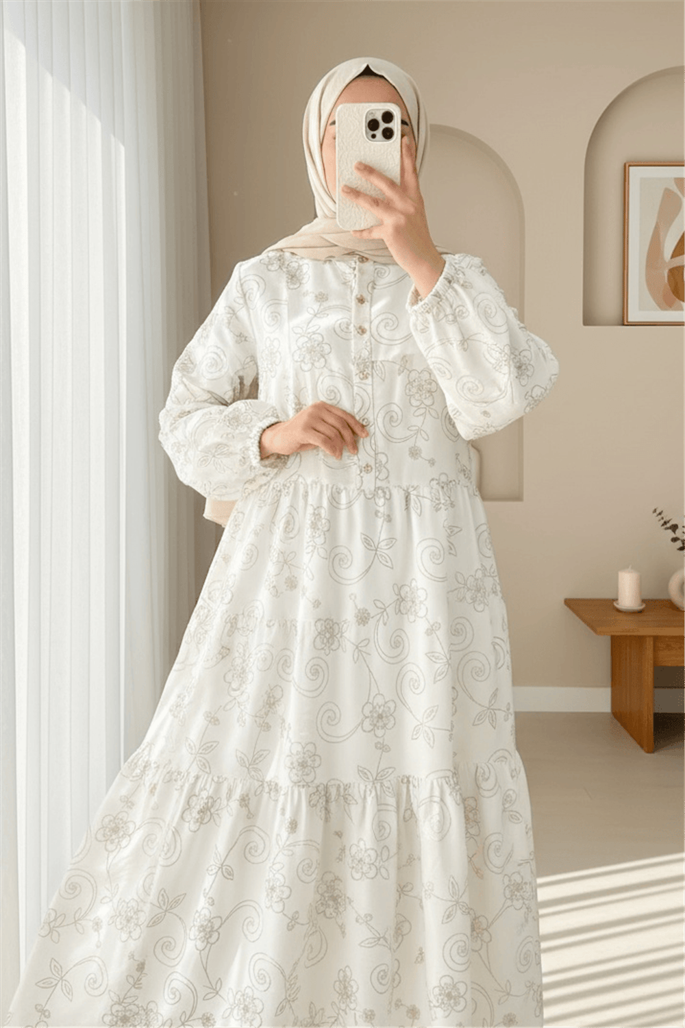 Kolu Lastikli Yarım Düğmeli Jakar Baskılı Parçalı Elbise -Beyaz-Elbise-398-3016-R02