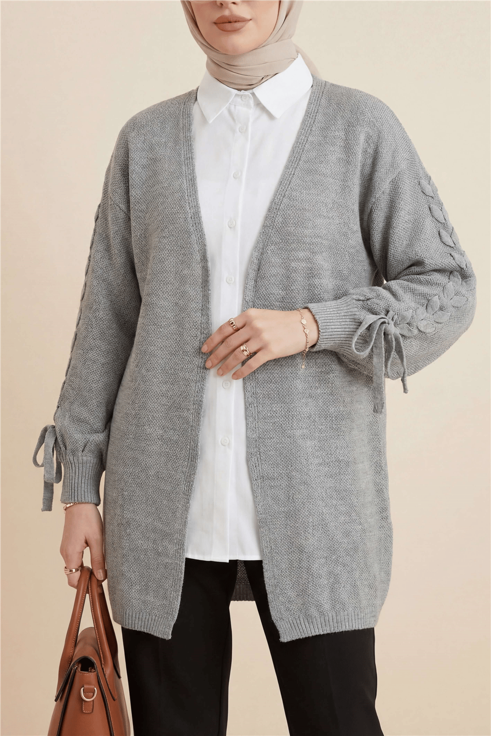 Kolu Saç Örgülü Salaş Triko Hırka -Gri-Hırka-295-03434-R11