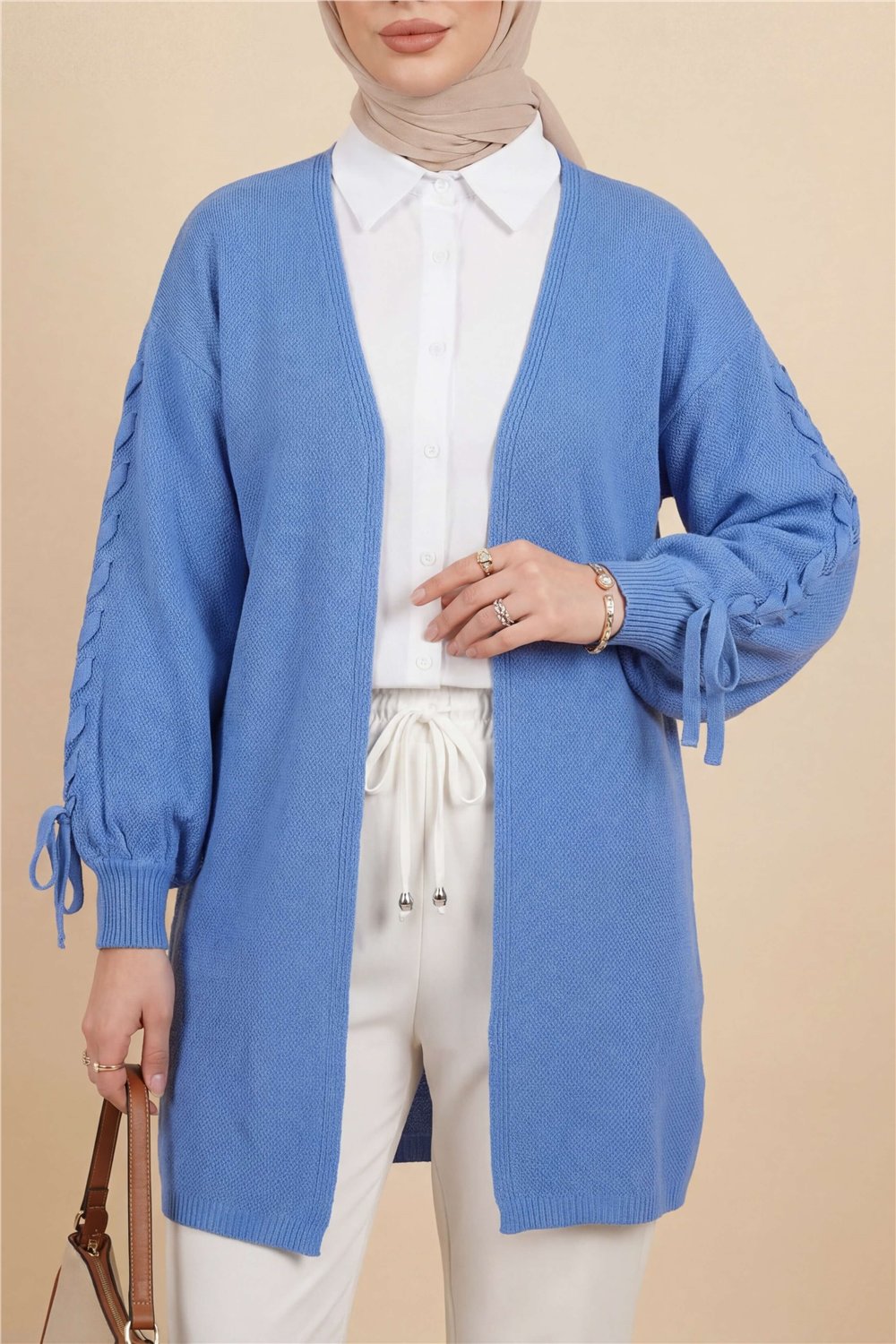 Kolu Saç Örgülü Salaş Triko Hırka -Mavi-Hırka-295-03434-R31