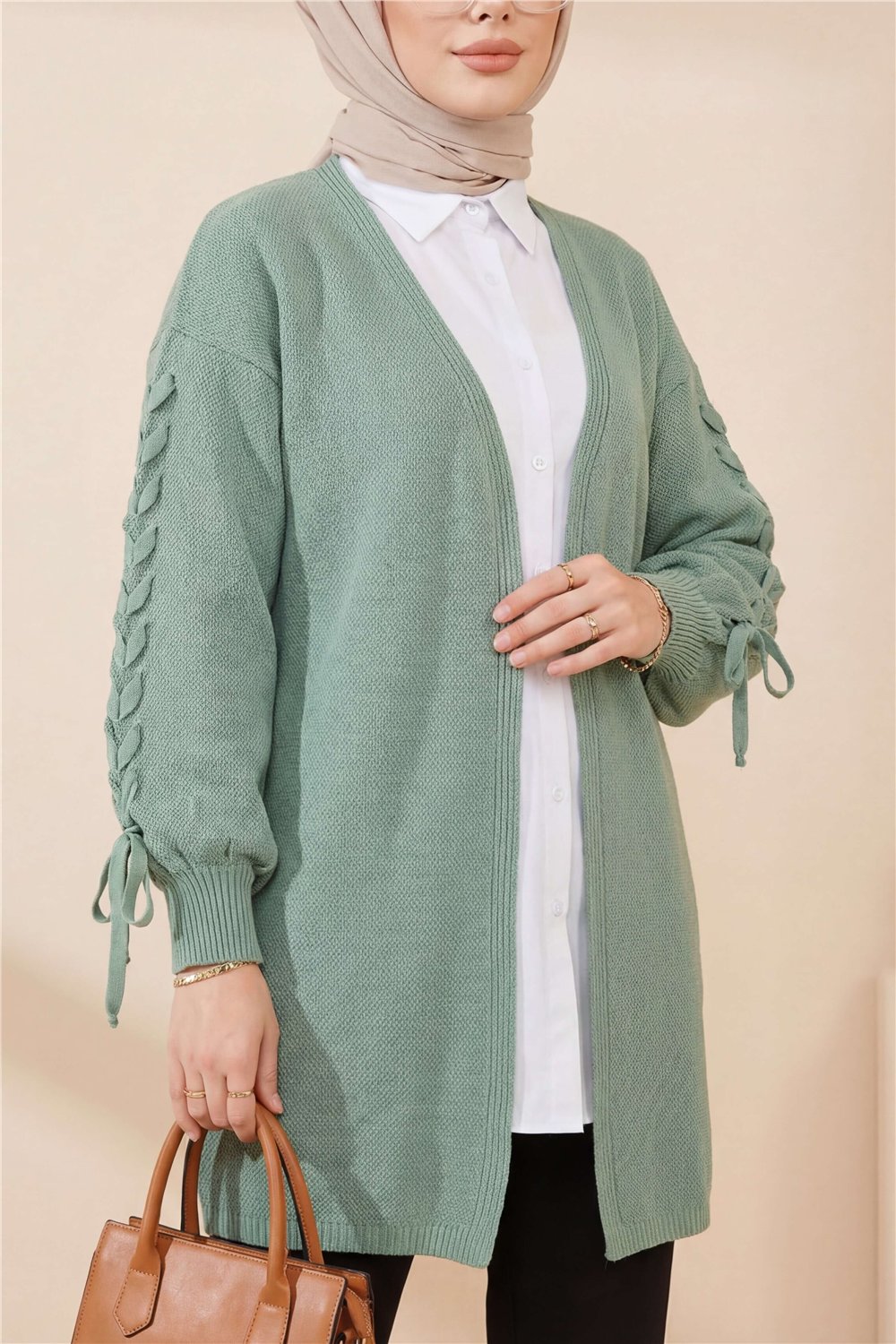 Kolu Saç Örgülü Salaş Triko Hırka -Su Yeşili-Hırka-295-03434-R36