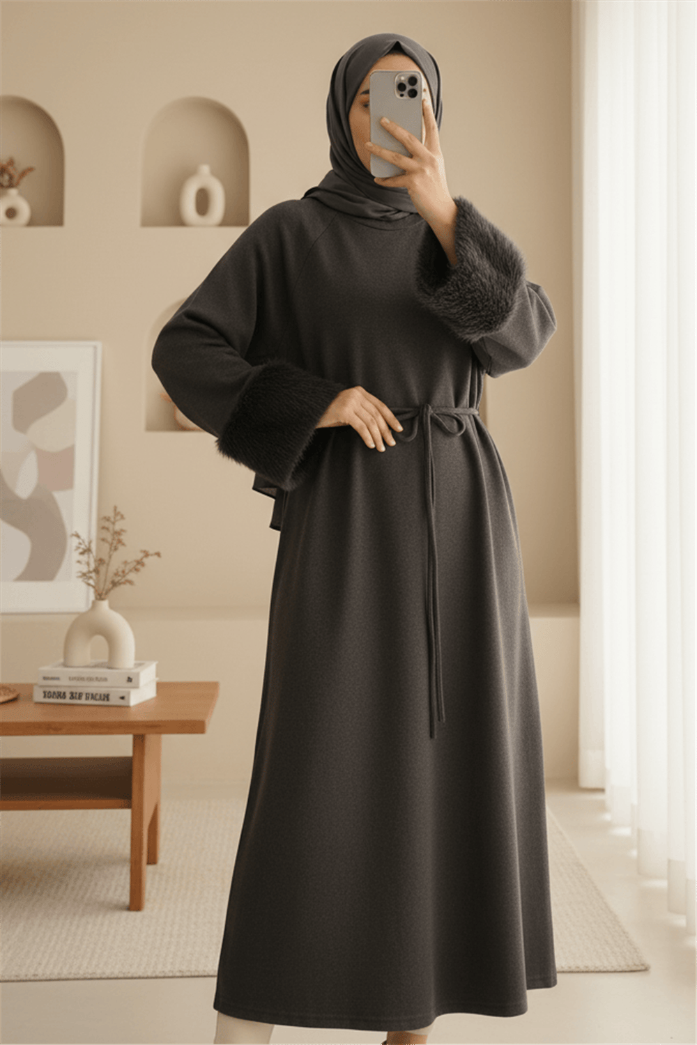 Kolu Tüylu Beli Bağlamalı Uzun Selanik Elbise -Kahve-Elbise-253-13130-R15