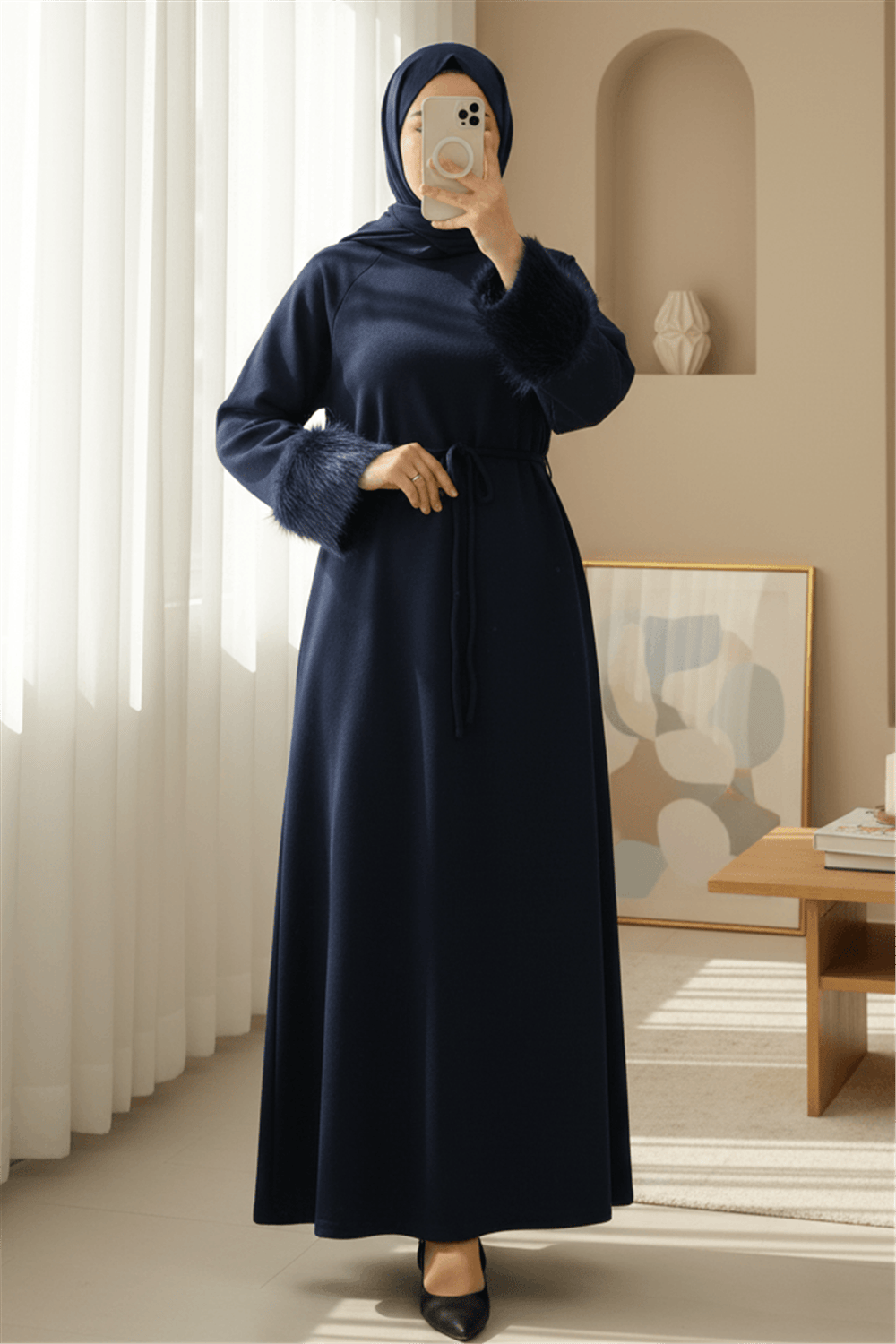 Kolu Tüylu Beli Bağlamalı Uzun Selanik Elbise -Laci-Elbise-253-13130-R03