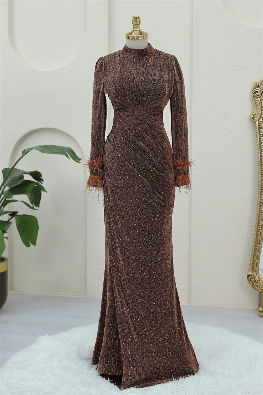 Kolu Tüylü Önü Çift Kuyruklu Abiye -Kahve-Abiye-316-4696-R15