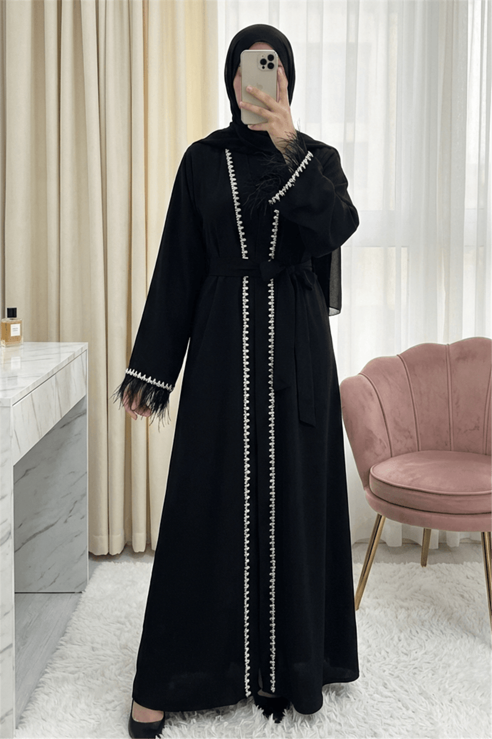 Kolu Tüylü Sıralı Taş Detaylı Kemerli Abaya -Siyah-Abaya-316-4848-R01