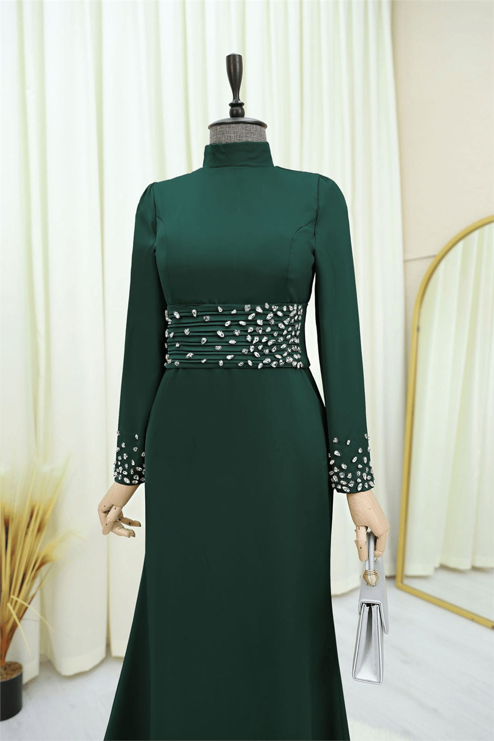 Korse Kemerli Taşlı Saten Abiye  -Zümrüt-Abiye-316-4640-R17