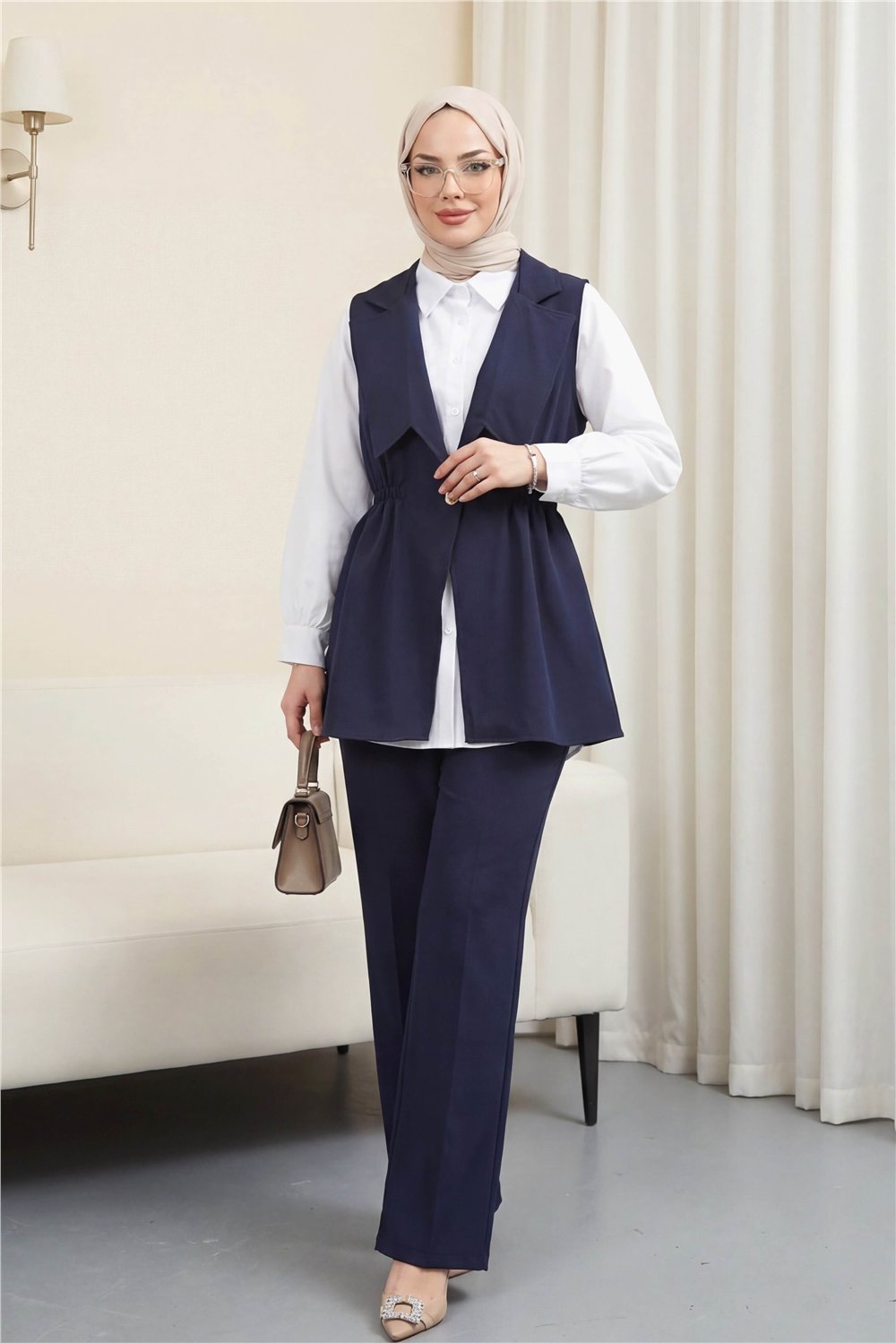 Kruvaze Yaka Beli Lastikli Yelek Pantolon Modal Takım  -Laci-Takım-398-22024-R03