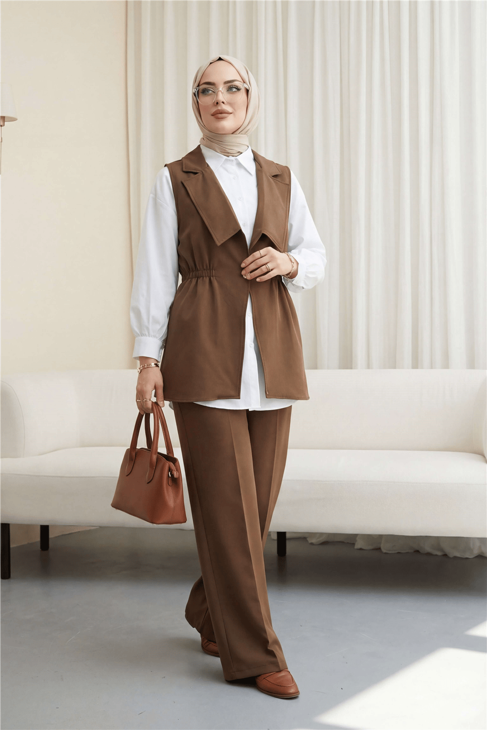 Kruvaze Yaka Beli Lastikli Yelek Pantolon Modal Takım -Kahve-Takım-398-22024-R15