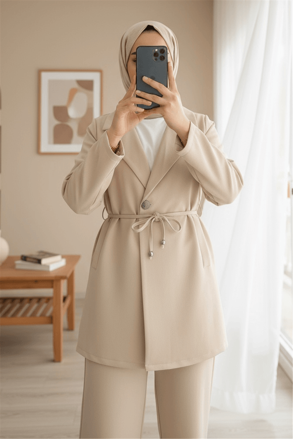 Kruvaze Yaka Çift Bağcıklı Ceket Pantolon Takım -Bej-Takım-386-6222-R56