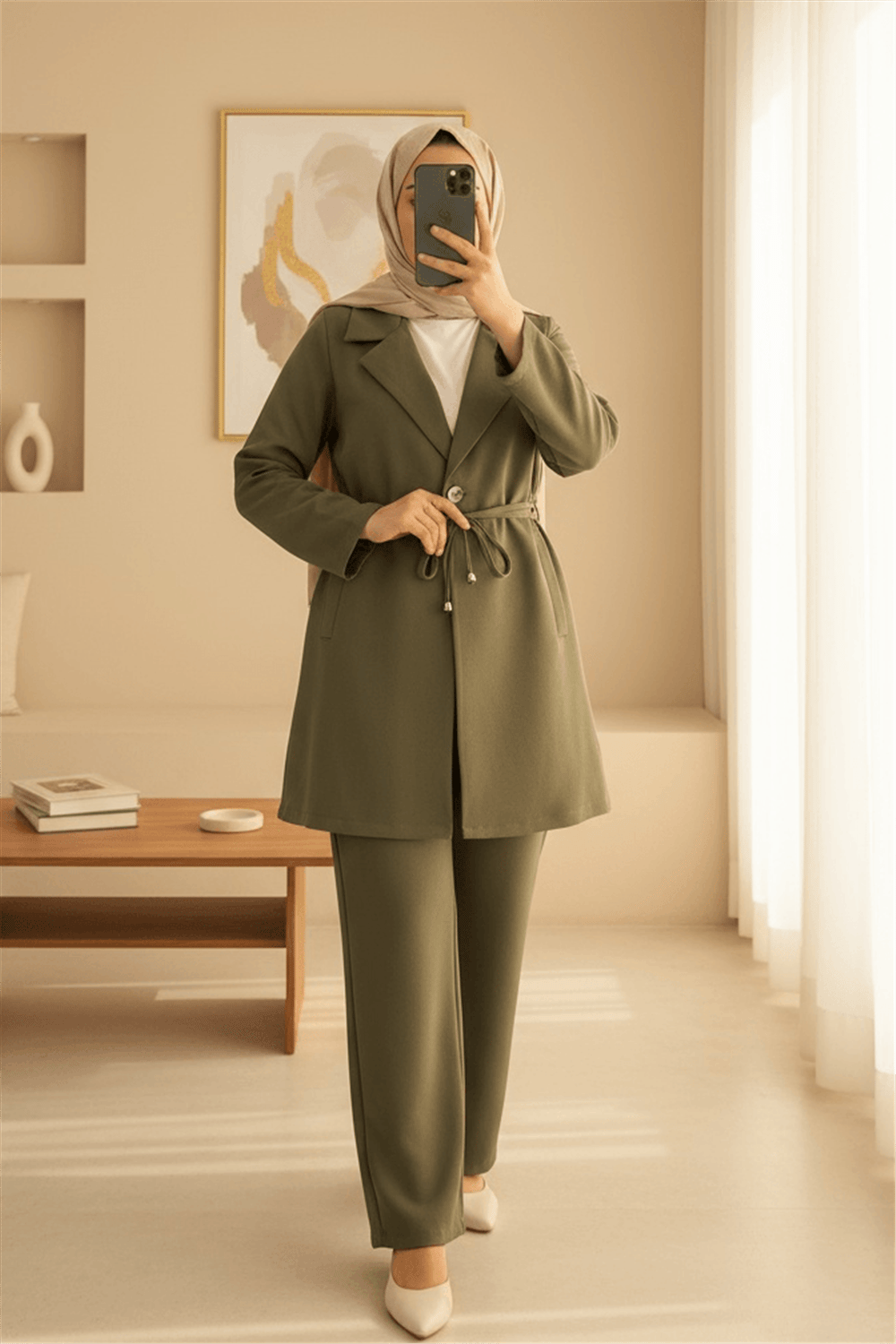 Kruvaze Yaka Çift Bağcıklı Ceket Pantolon Takım -Haki-Takım-386-6222-R05