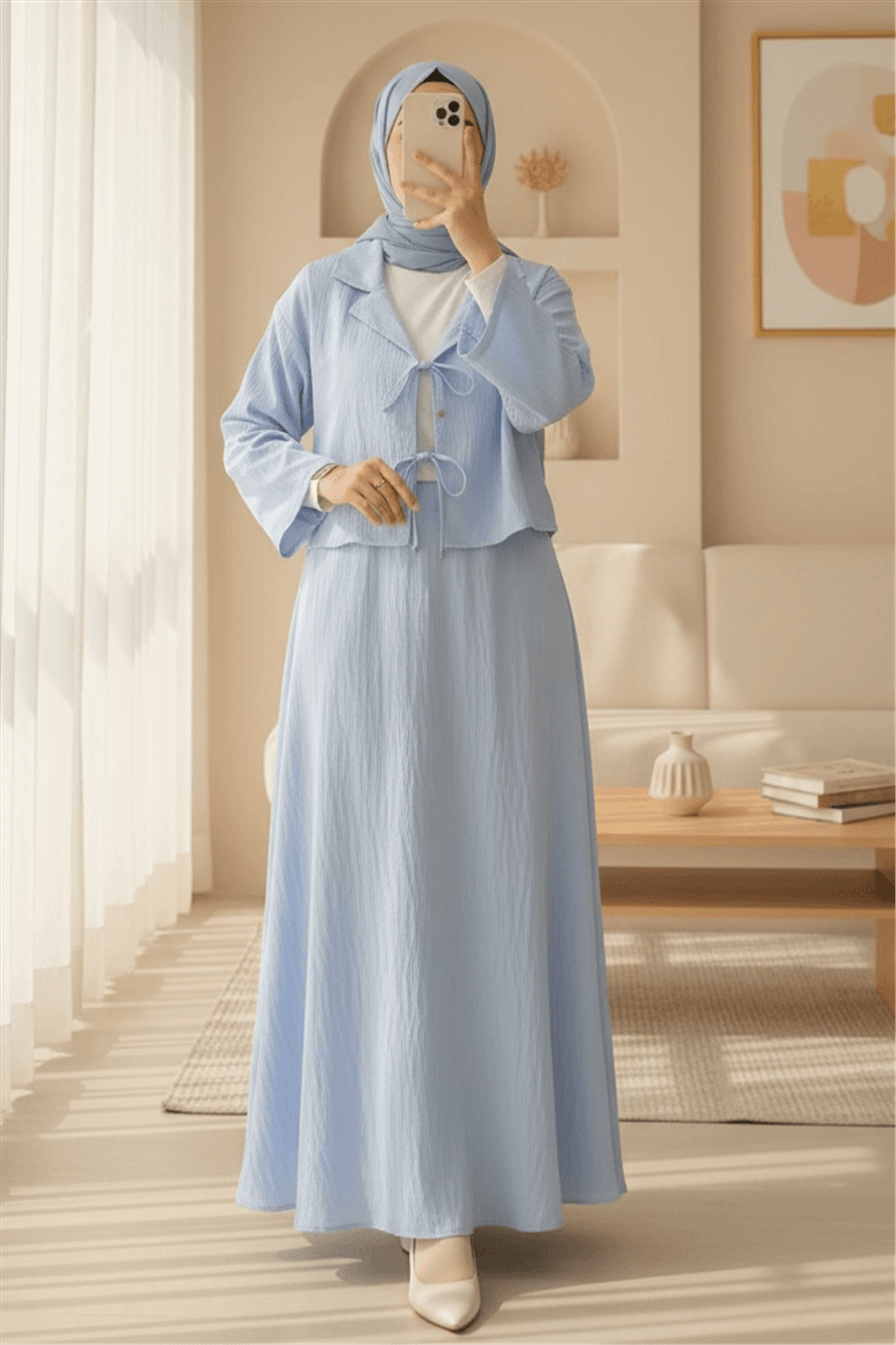 Kruvaze Yaka Çift Bağcıklı Etekli Takım -Bebe Mavi-Takım-398-4019-R32