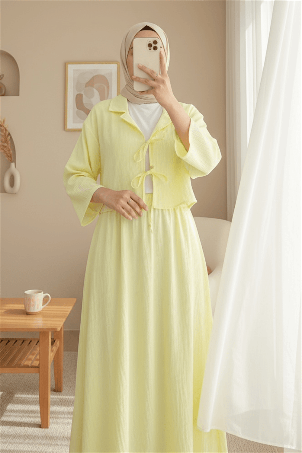 Kruvaze Yaka Çift Bağcıklı Etekli Takım -Açık Sarı-Takım-398-4019-R75