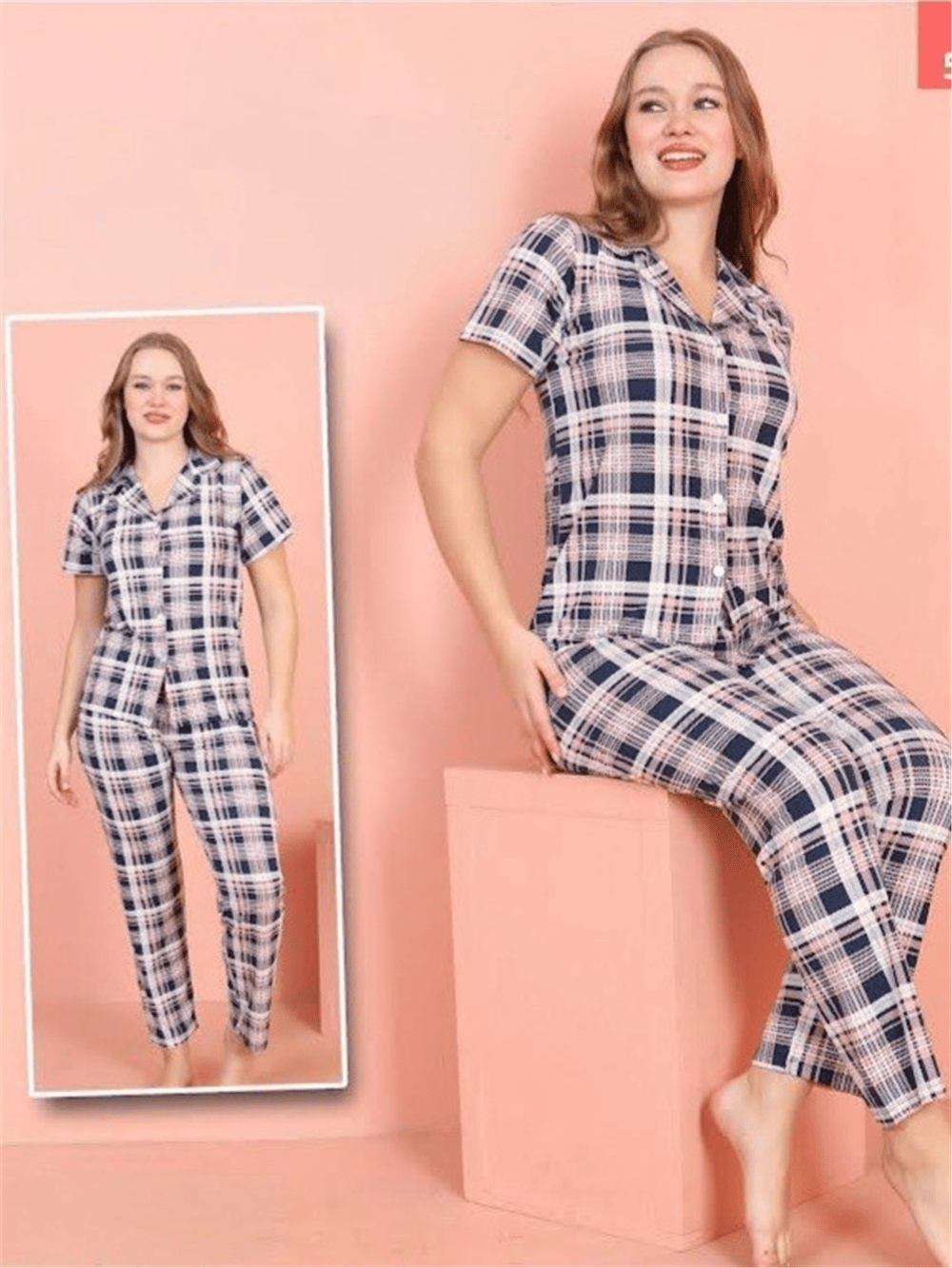 Küçük Kareli Düğmeli Kısa Kollu Pijama Takımı -Pembe-Pijama-416-58813-R20