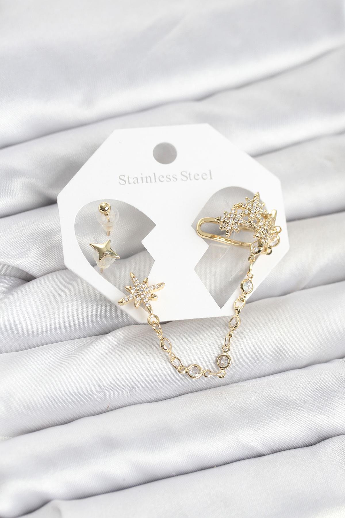 Kutup Yıldızı Model Pirinç Gold Renk Zincir Bağlantılı Ear Cuff Küpe Seti