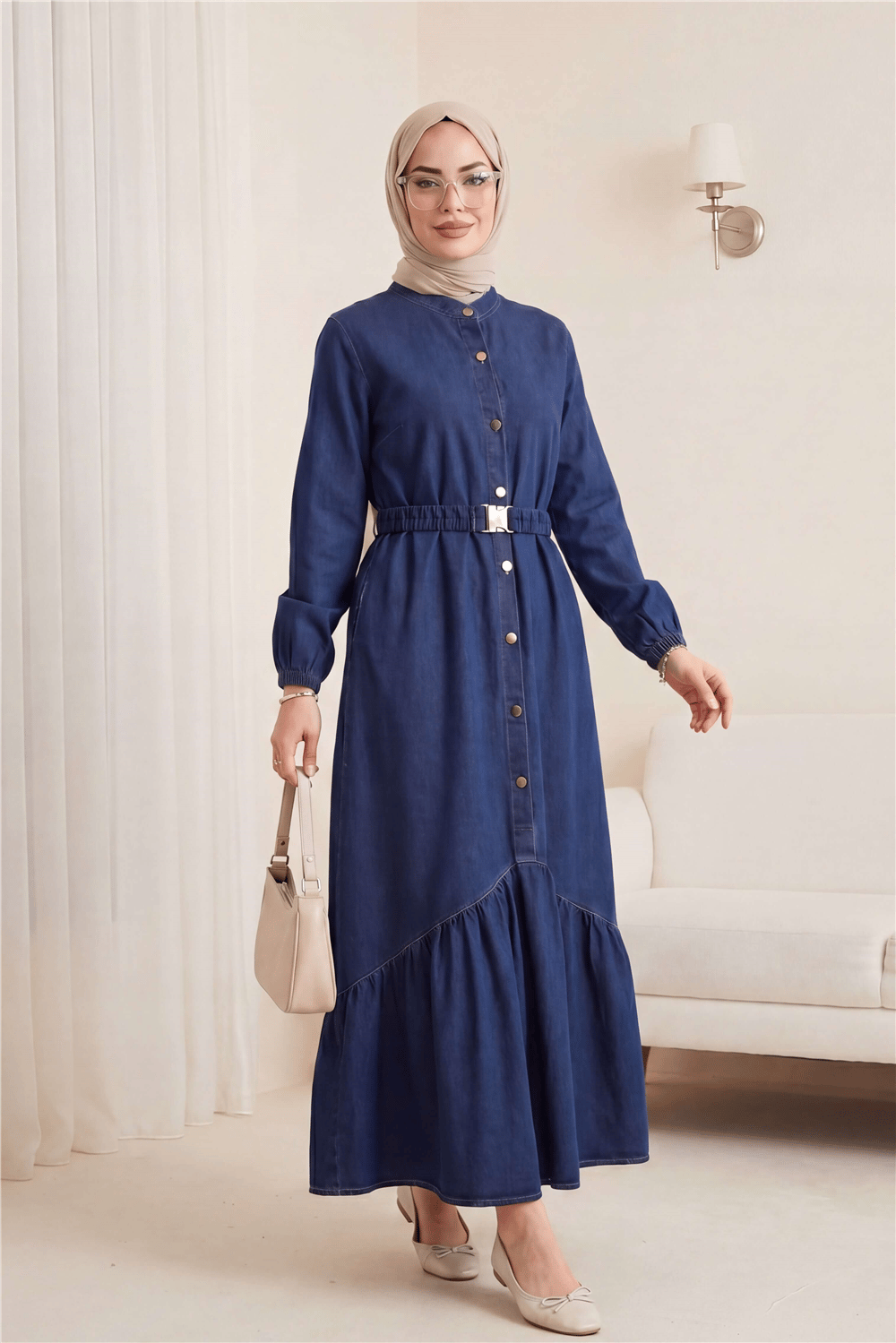 Lastik Kemerli Düğmeli Uzun Kot Elbise  -Laci-Elbise-197-6135-R03