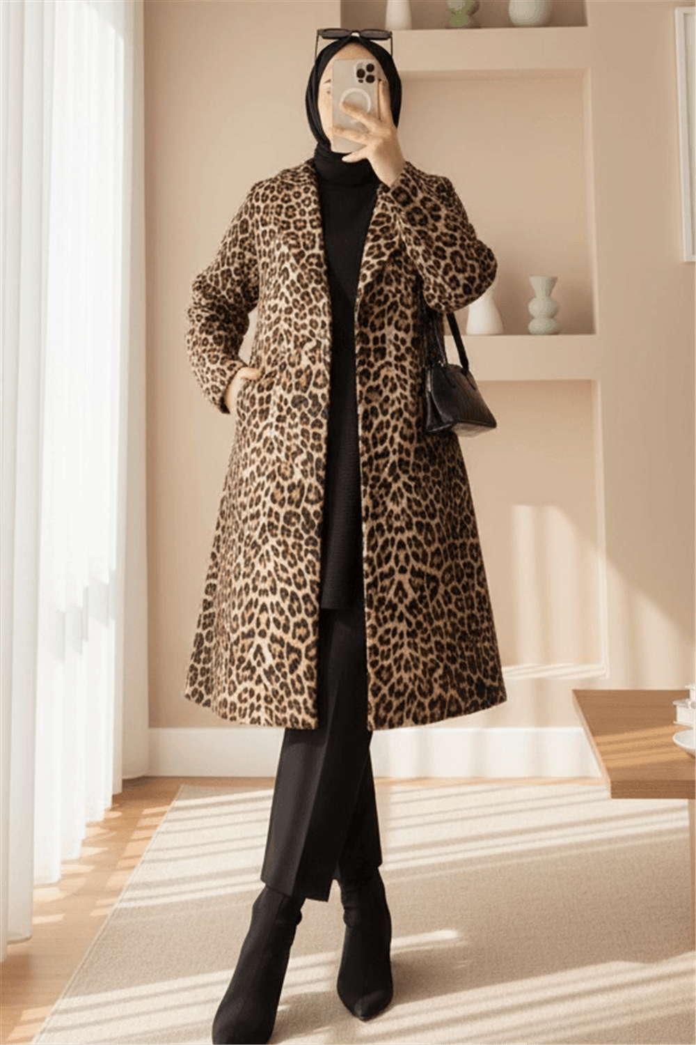 Leopar Desenli Kemerli Cepli Astarlı Kaşe Kap -Leopar-Trençkot-197-1318-R57