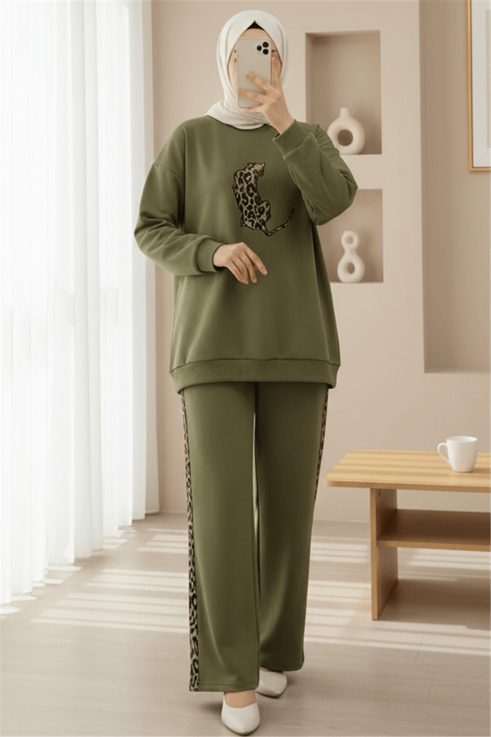 Leopar Figürlü Ve Desenli Pantolonlu Scuba Takım  -Zeytin-Takım-349-6002-R59