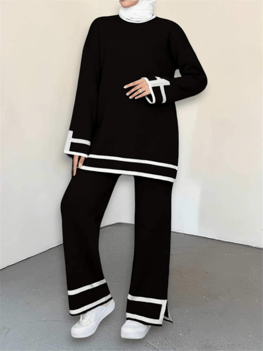 Manşetleri Şeritli İkili Triko Takım -Siyah-384-317-R01