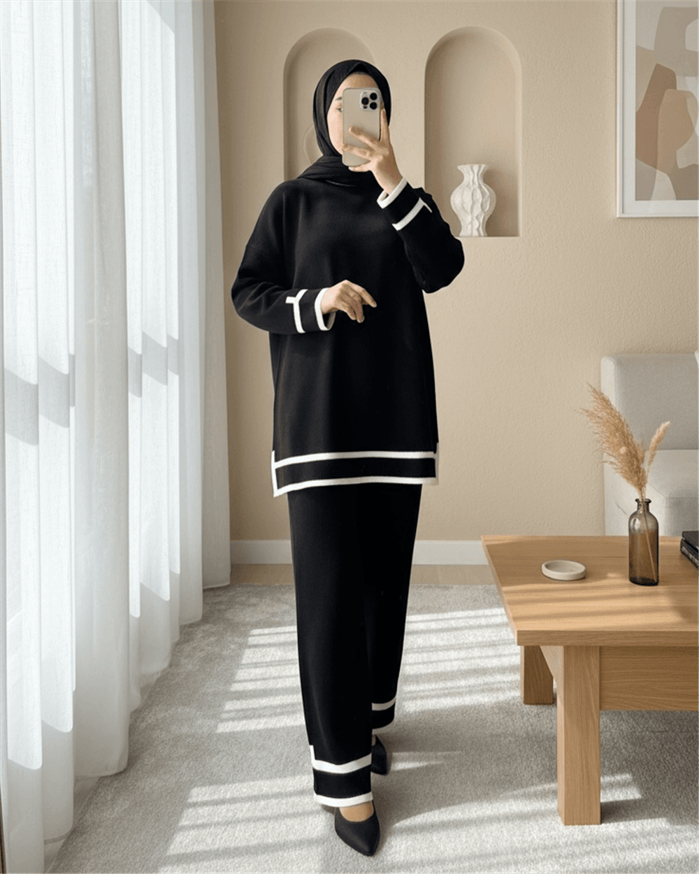 Manşetleri Şeritli İkili Triko Takım -Siyah-Triko Takım-384-317-R01