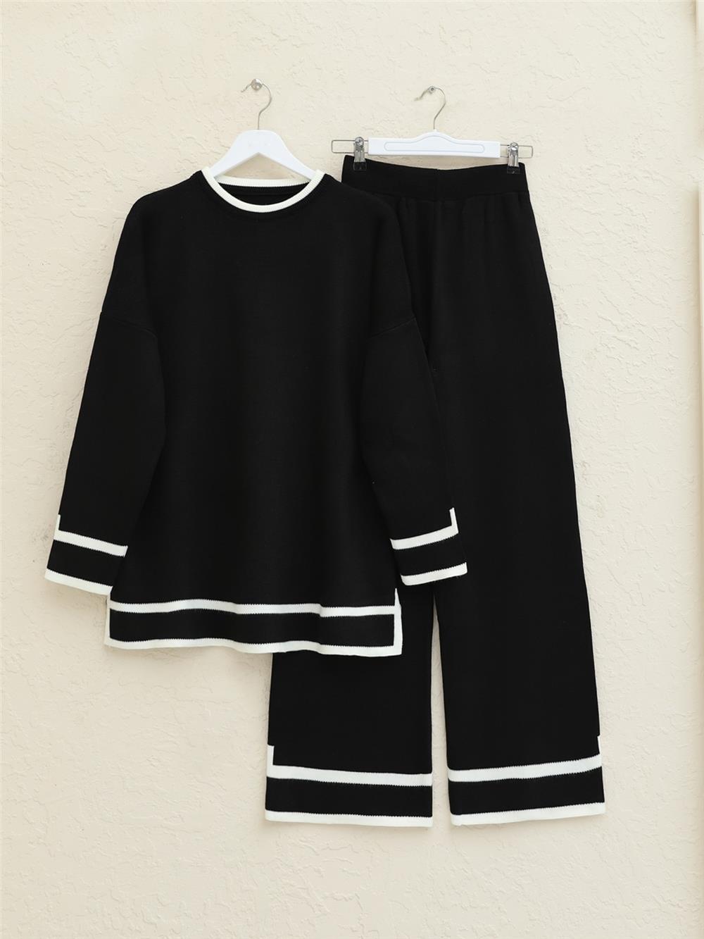 Manşetleri Şeritli İkili Triko Takım -Siyah-384-317-R01