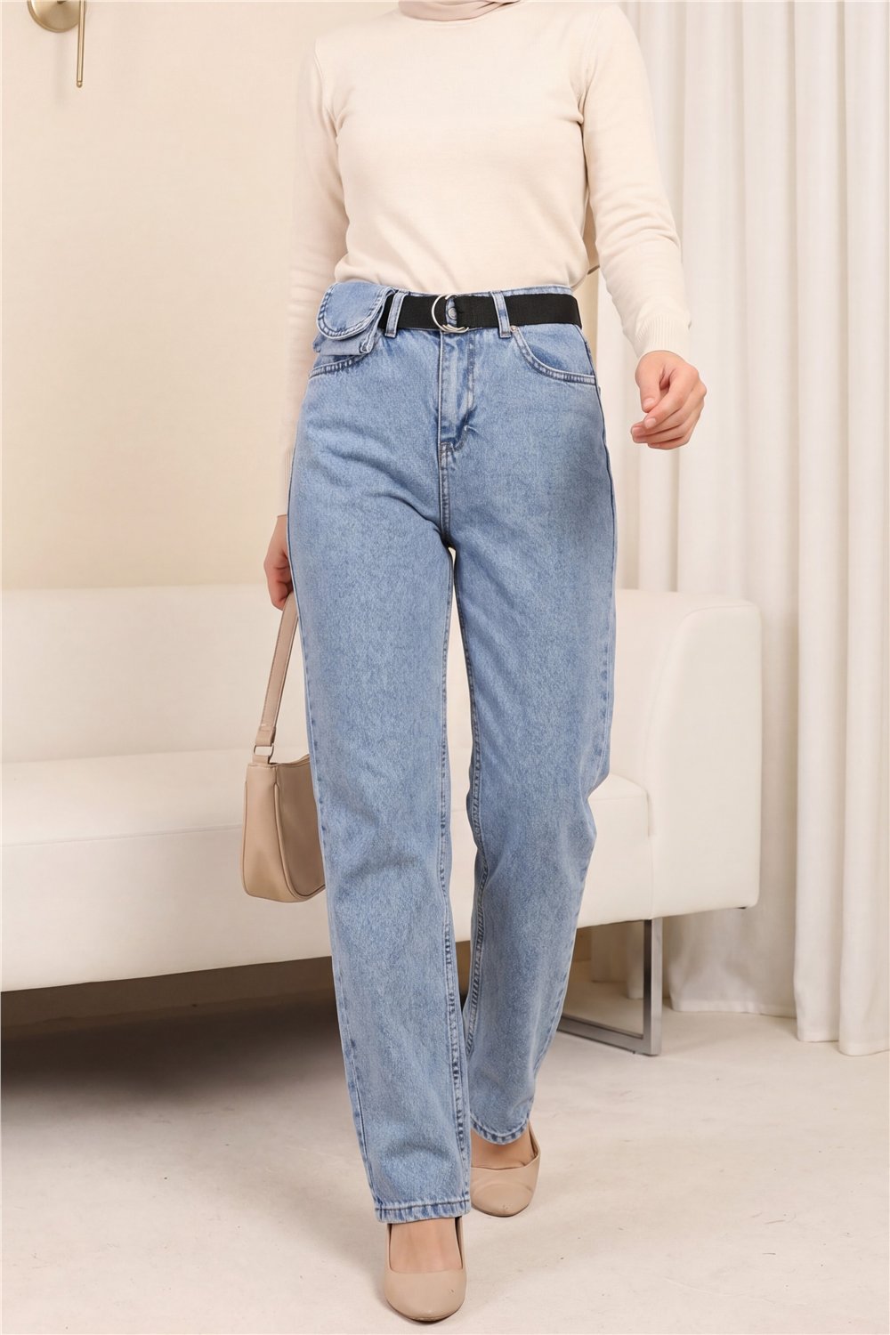 بنطال جينز بحزام بإبزيم معدني - أزرق فاتح-Kot Pantolon-318-4806-R25