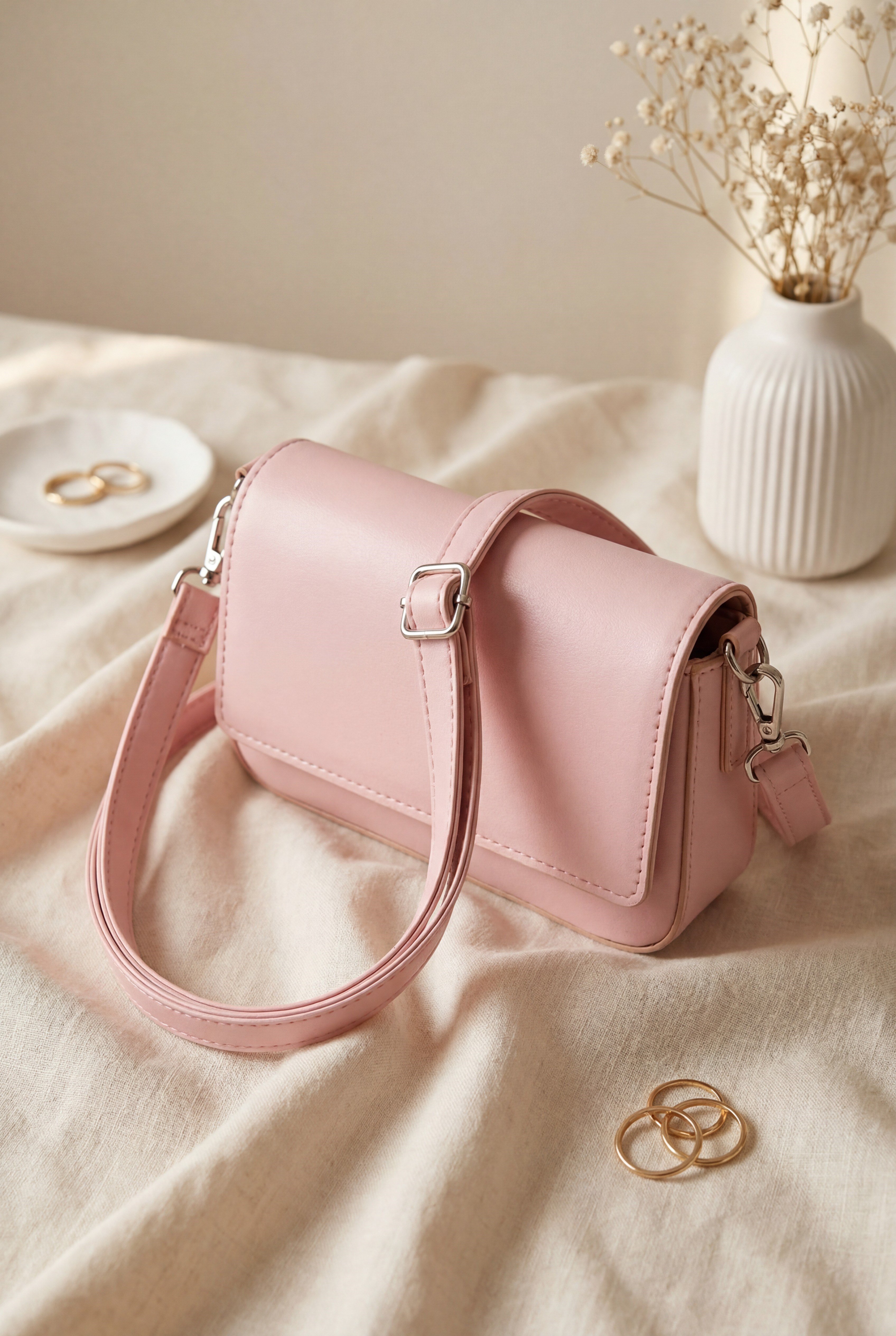 Minimalist Mıknatıslı Kapaklı Askılı Çapraz Çanta  -Pembe