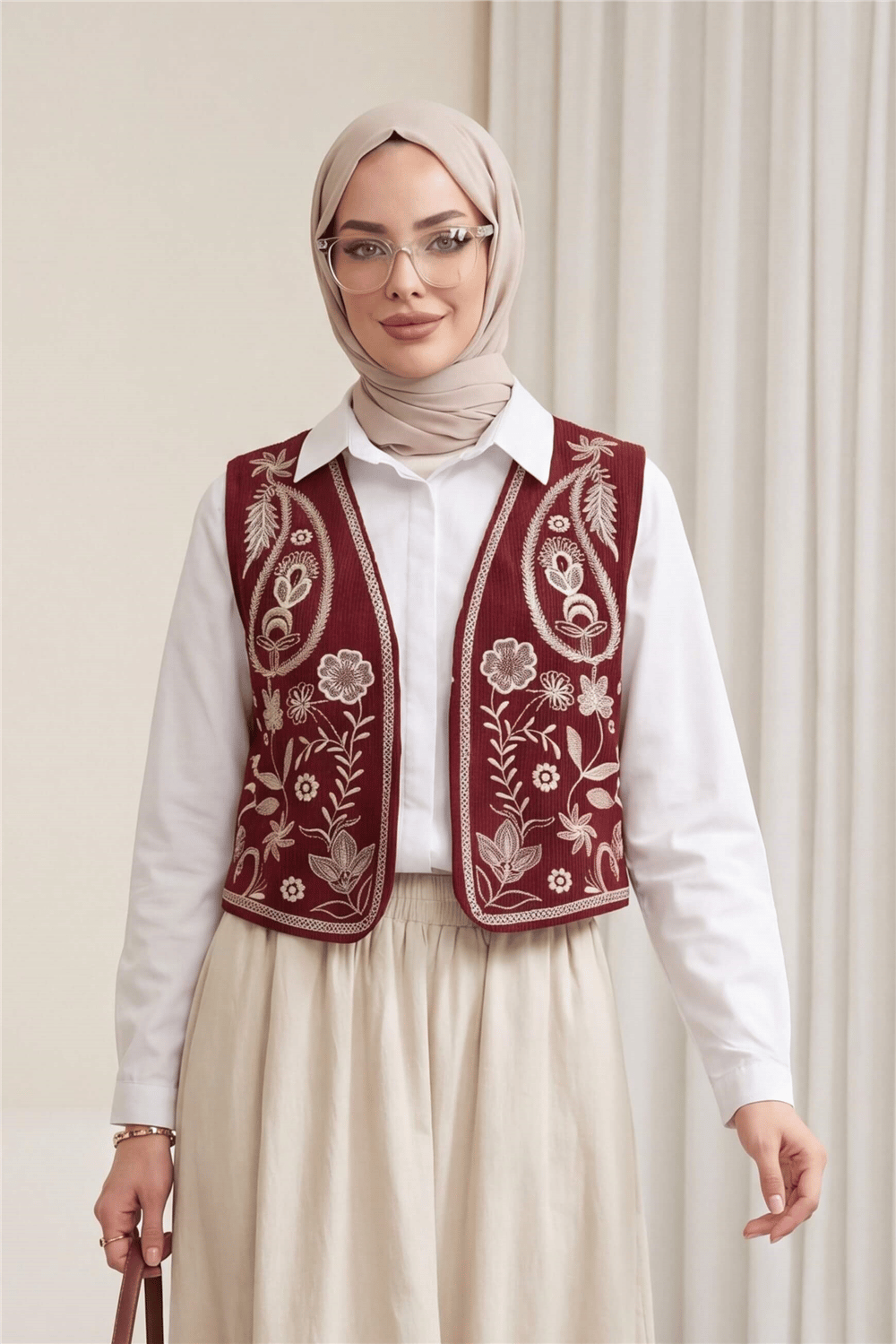 Nakışlı Fitilli Kadife Yelek -Bordo-Yelek-286-2010-R04