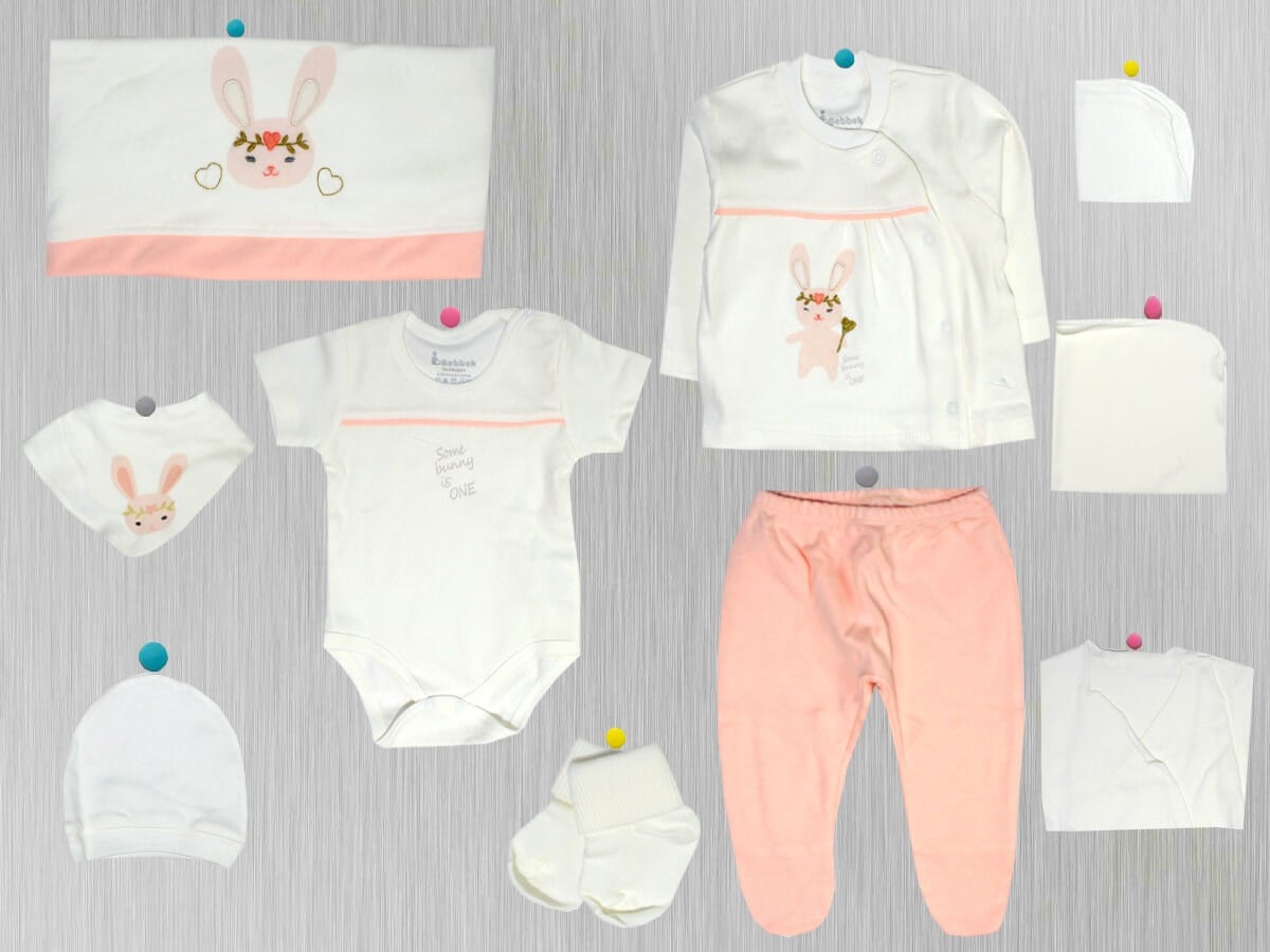 Nenny Baby Hello Rabbit 10'lu Zıbın Set Yeni Doğan Hastane Çıkışı -Somon