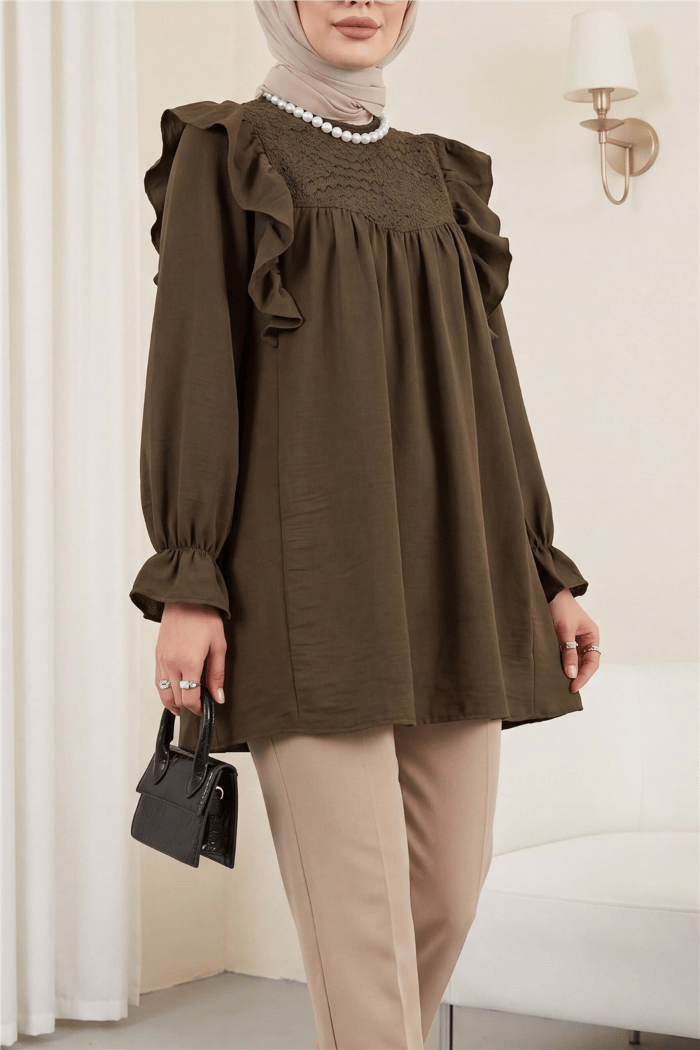 Omuz Fırfırlı Robası Dantel İşlemeli Keten Tunik      -Kahve-Tunik-307-2044-R15
