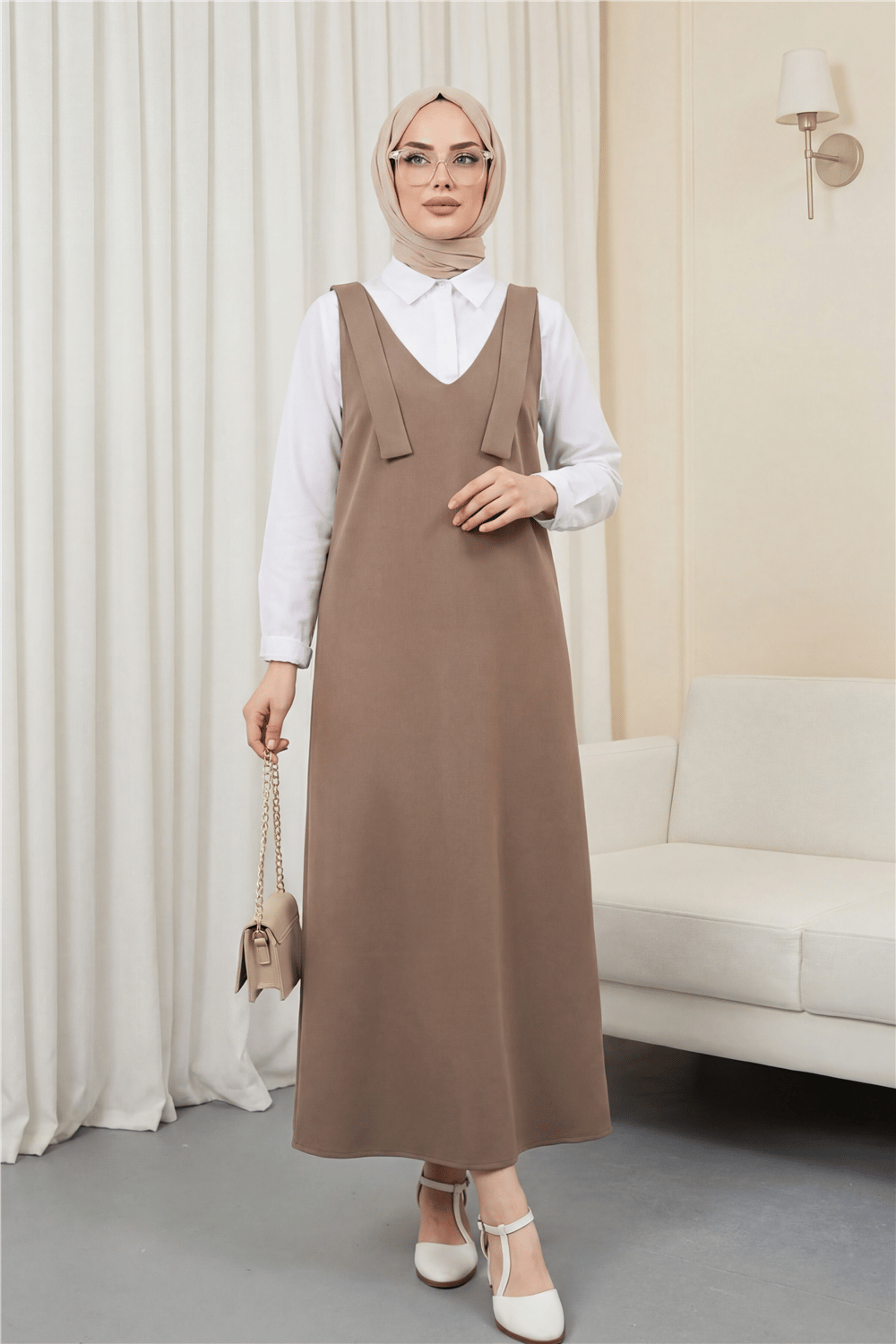 Omuzları Bağlamalı Uzun Jile         -Açık Kahve-Elbise-111-60886-R76