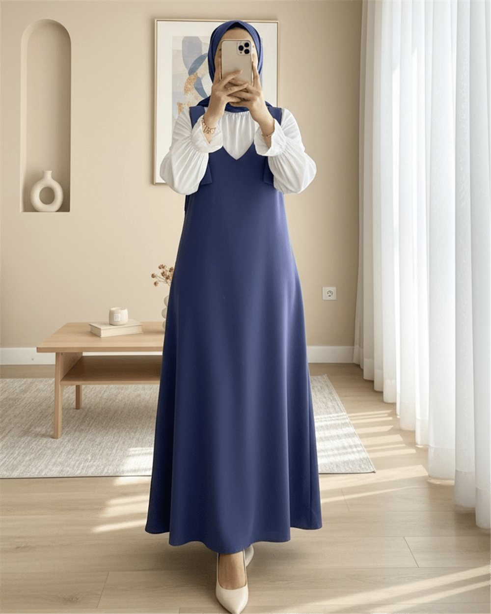 Omuzları Bağlamalı Uzun Jile -İndigo-Jile Elbise-111-60886-R21