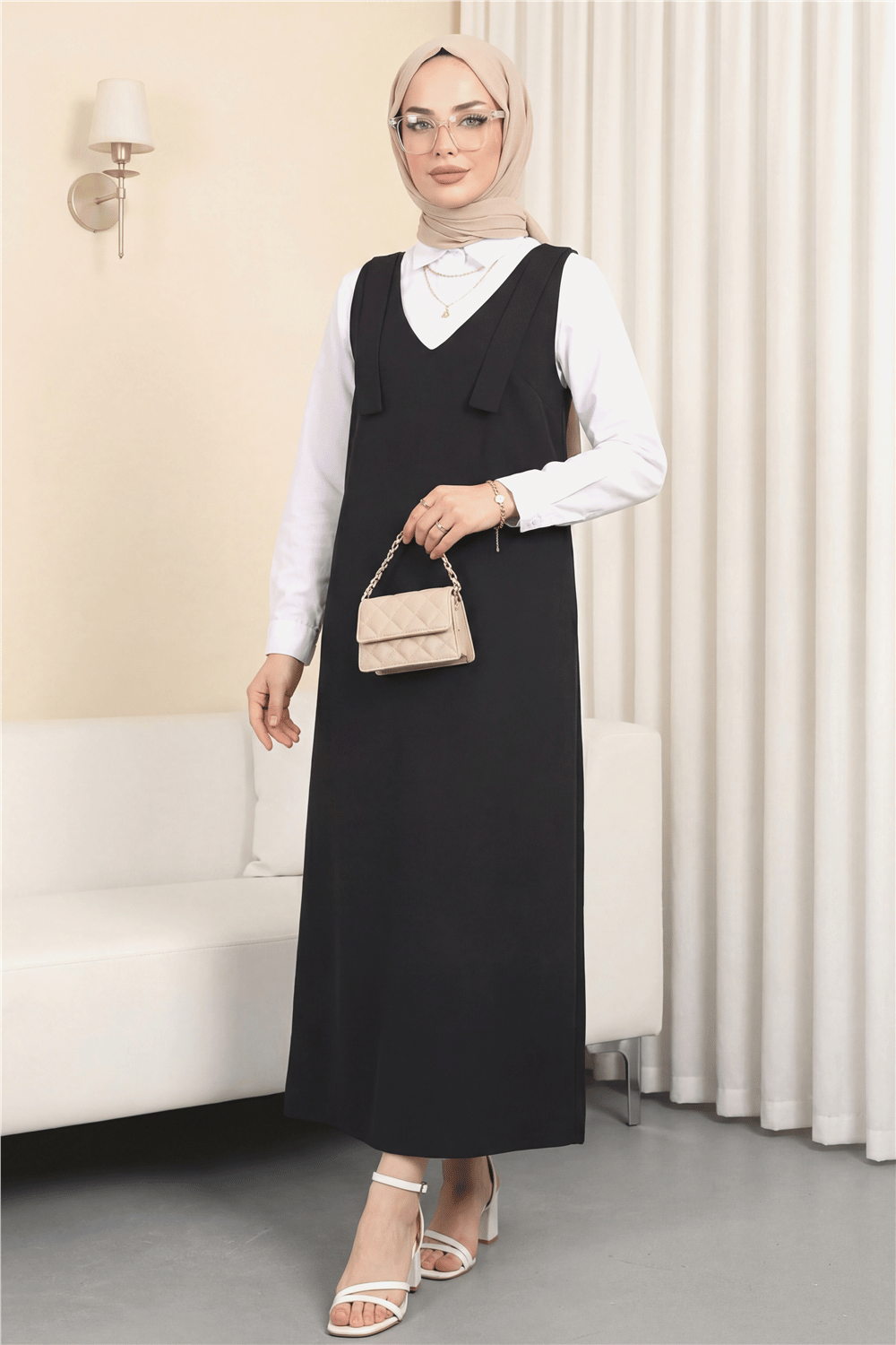 جيليه طويل بأكتاف مربوطة - أسود-Jile Elbise-111-60886-R01