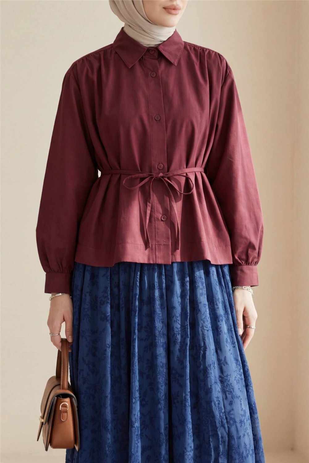 Omuzları Büzgülü Bağcıklı Gömlek Bluz -Bordo-Gömlek-432-25189-R04