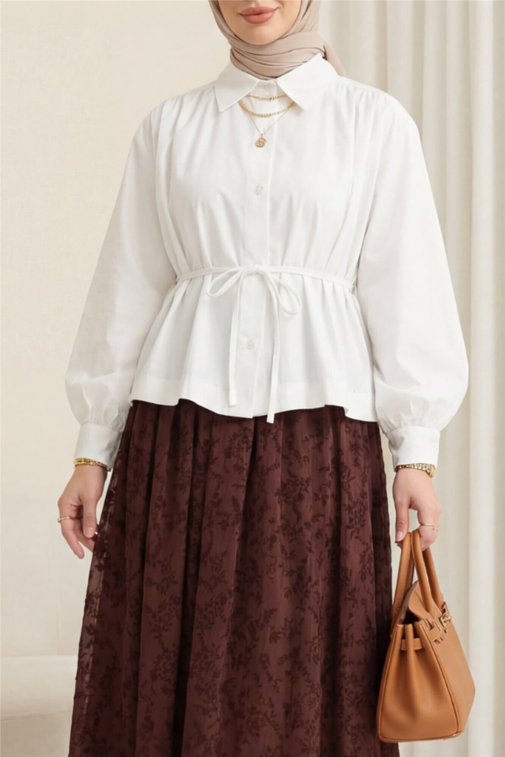 Omuzları Büzgülü Bağcıklı Gömlek Bluz -Beyaz-Gömlek-432-25189-R02