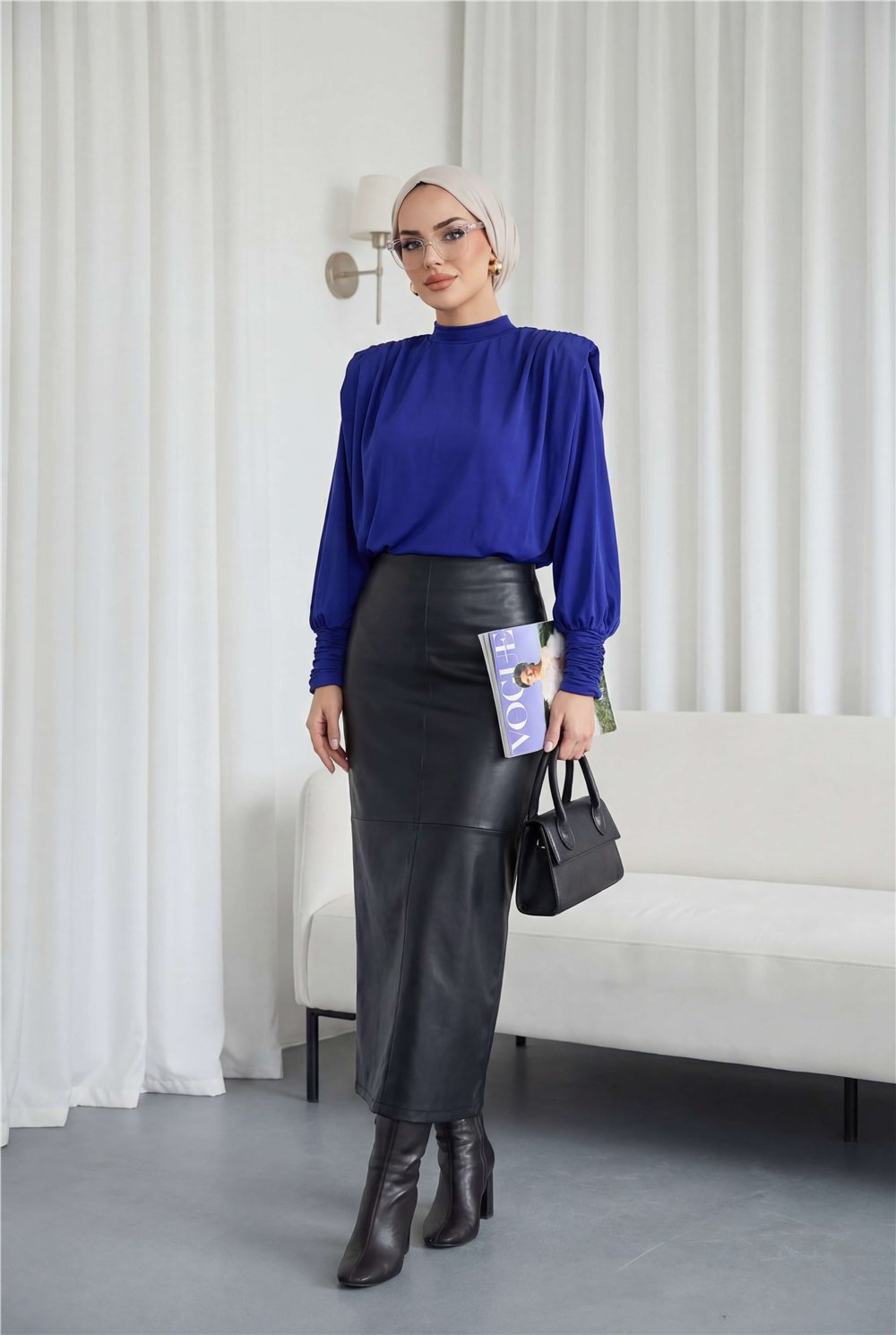 Omuzları Vatkalı Kolu Büzgülü Bluz -Saks-Bluz-246-2545-R10