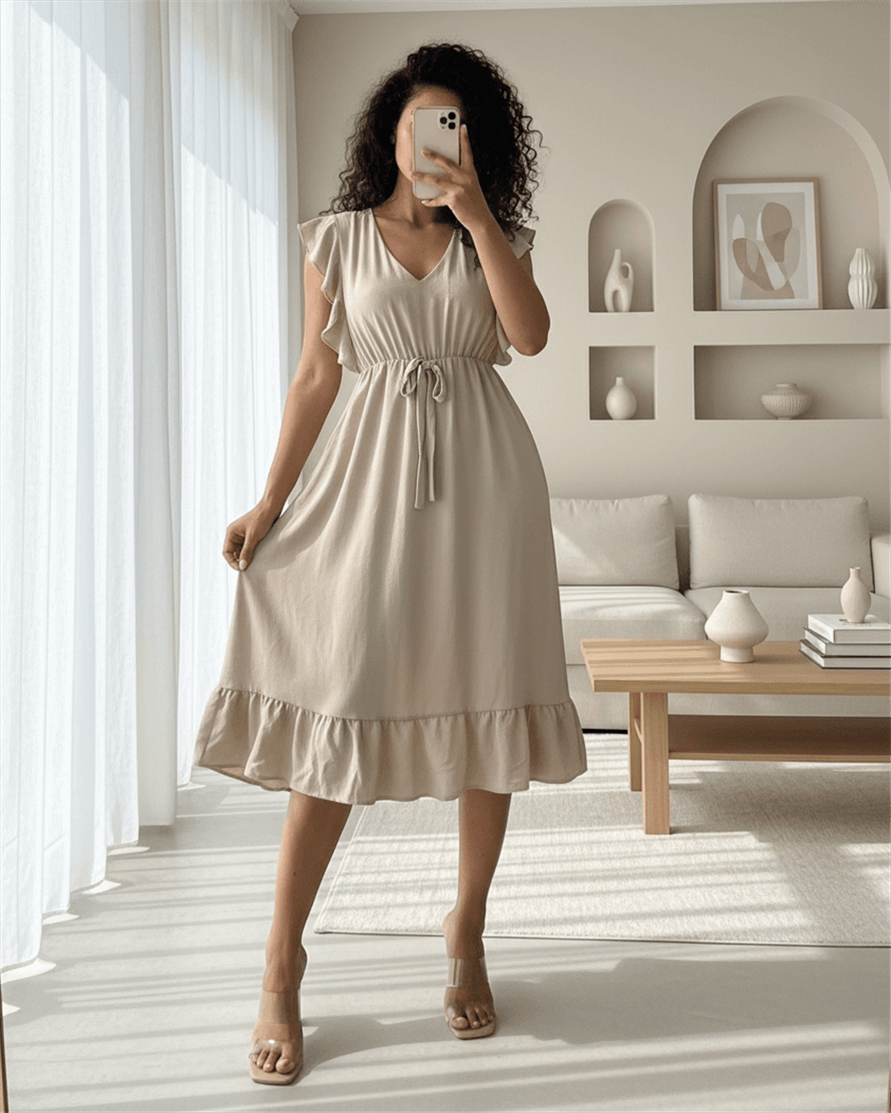 Omuzu Fırfırlı Beli Lastikli Sıfır Kol Midi Boy Ayrobin Elbise  -Açık Vizon-Açık Elbise-246-3641-R51