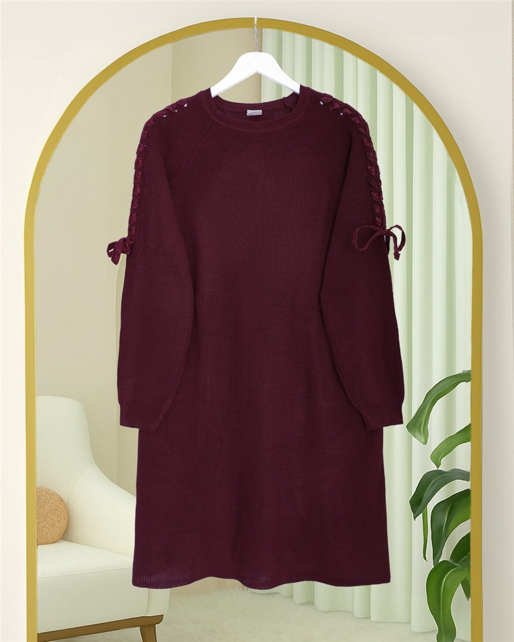 Omuzu Saç Örgülü Salaş Triko Tunik -Bordo-Kazak-295-1281-R04