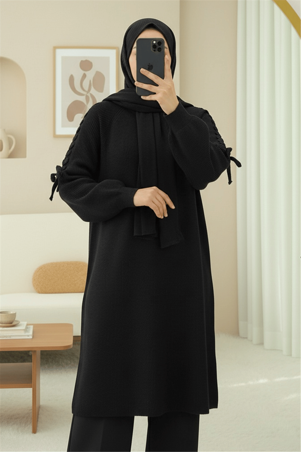 Omuzu Saç Örgülü Salaş Triko Tunik -Siyah-Kazak-295-1281-R01