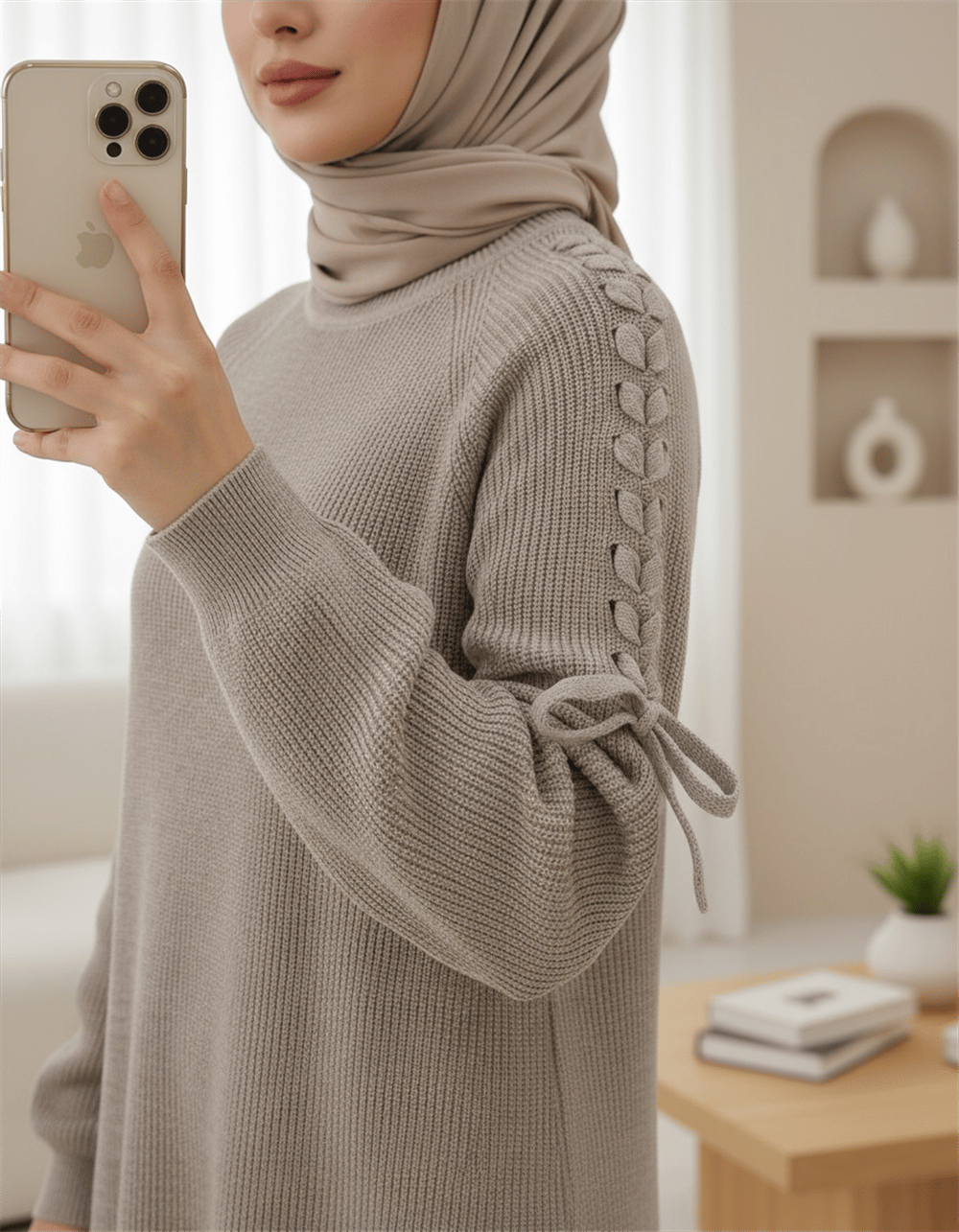 Omuzu Saç Örgülü Salaş Triko Tunik -Toprak-Kazak-295-1281-R55