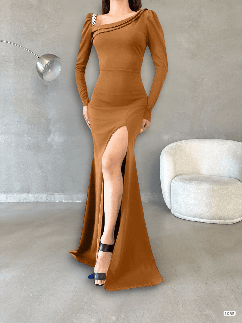 Omuzu Taşlı Yırtmaçlı Elbise  -Taba-Açık Elbise-T0165-582755-R12