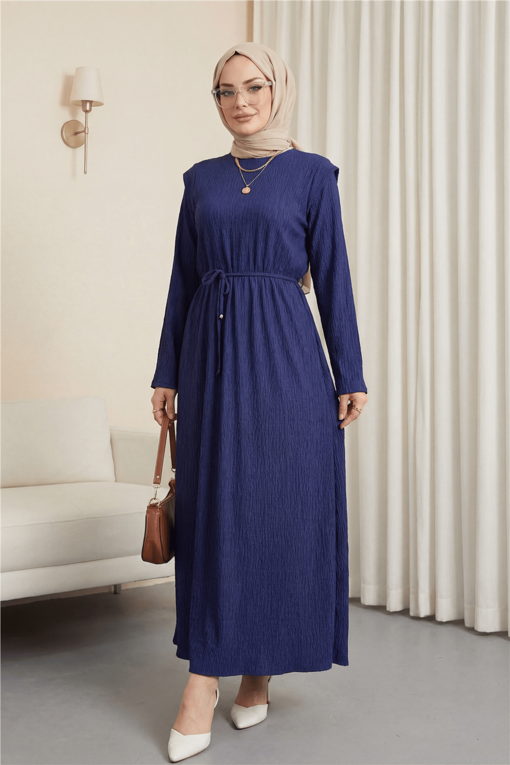 Omuzu Vatkalı Bağcıklı Bürümcük Elbise -Laci-Elbise-207-24182-R03