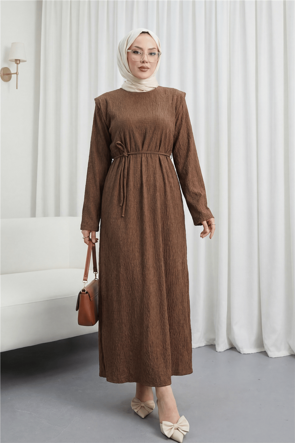 Omuzu Vatkalı Bağcıklı Bürümcük Elbise -Kahve-Elbise-207-24182-R15