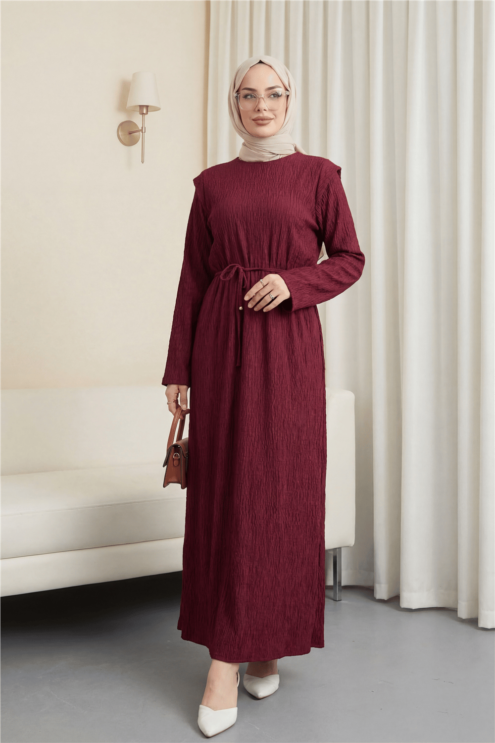 Omuzu Vatkalı Bağcıklı Bürümcük Elbise -Bordo-Elbise-207-24182-R04