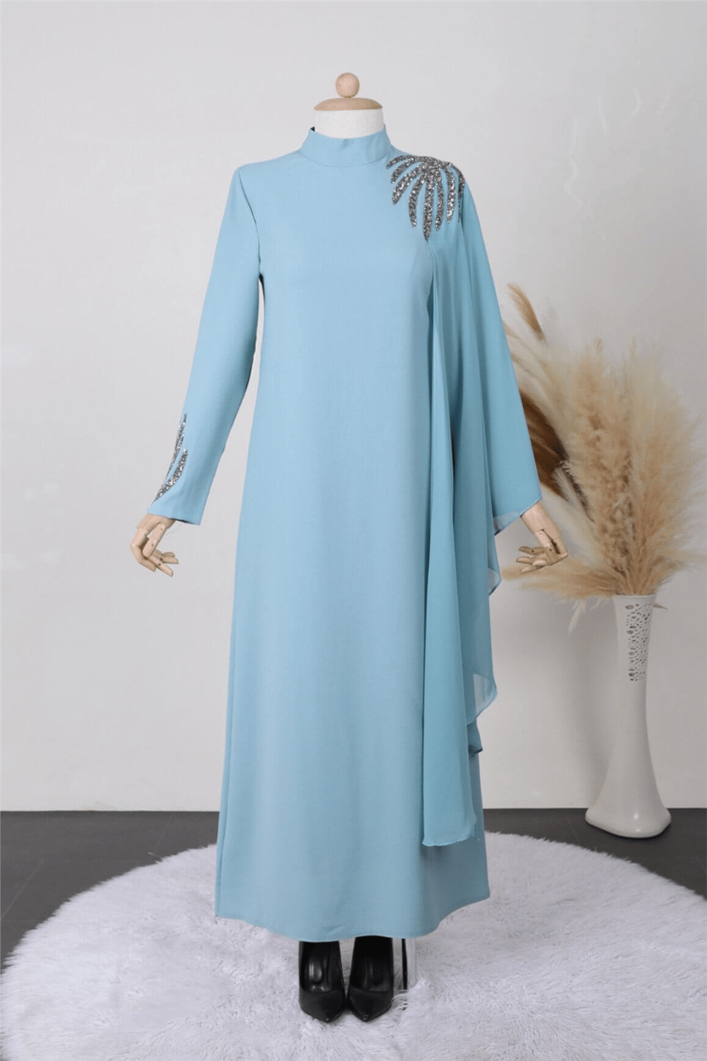 Omuzu ve Kolu Taşlı Şifon Detaylı Krep Elbise -Mint-Elbise-111-61333-R24