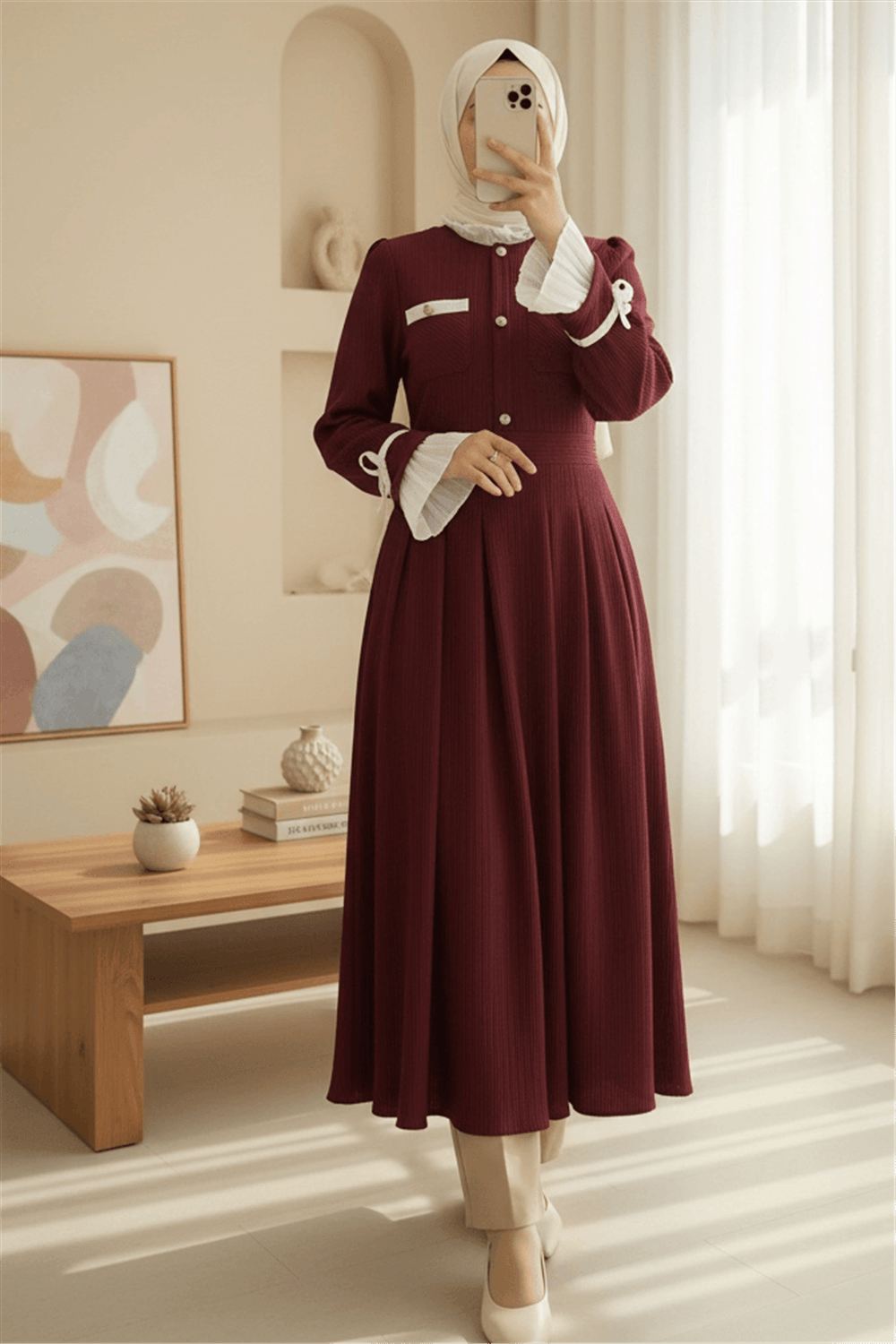 Omzu Vatkalı Kolu Bağcıklı Düğme Detaylı Cepli Pliseli Elbise -Bordo-Elbise-428-8419-R04