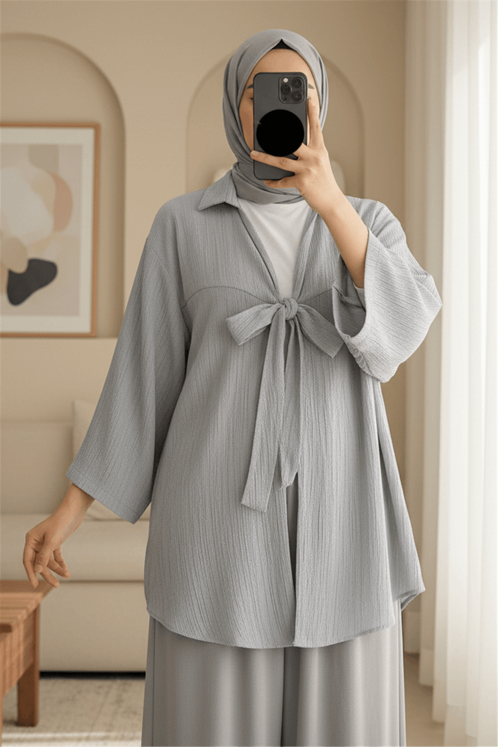 Önden Bağlamalı Krınkıl Kimono  -Gri-Kimono&Kaftan-253-12986-R11