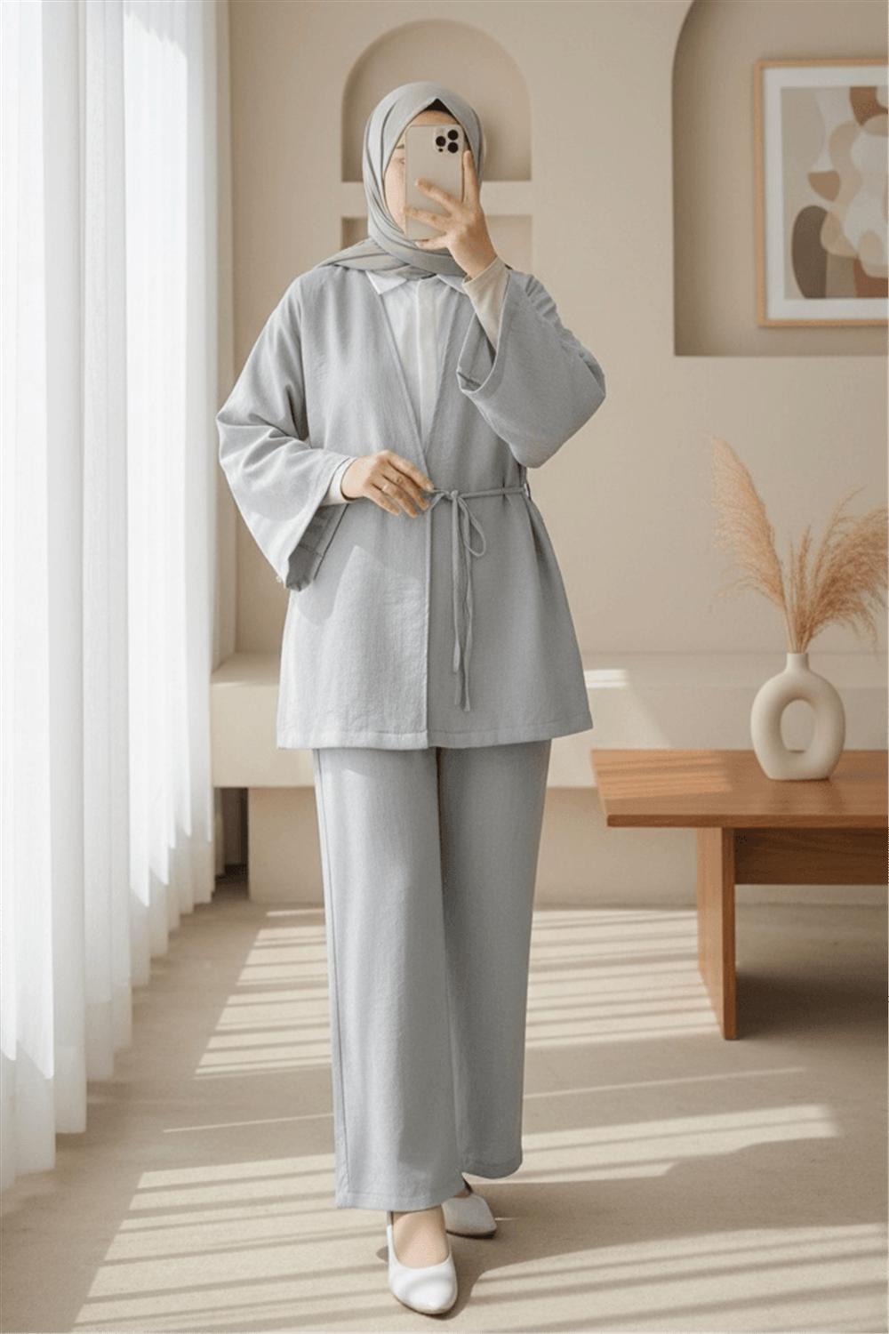 Önden Bağlamalı Pantolonlu Kimono Takım         -Açık Gri-Takım-223-3000-R41