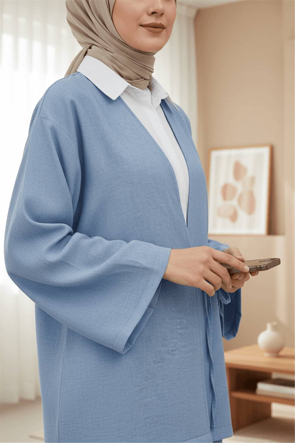 Önden Bağlamalı Pantolonlu Kimono Takım        -Mavi-Takım-223-3000-R31