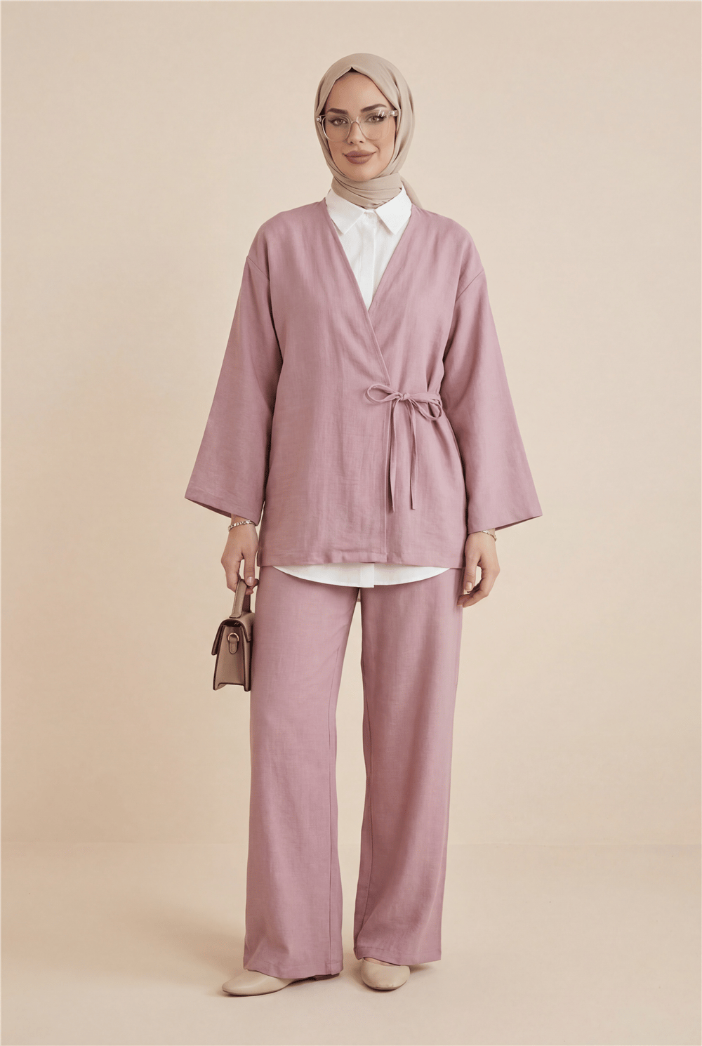 Önden Bağlamalı Pantolonlu Kimono Takım      -Pudra-Takım-223-3000-R06