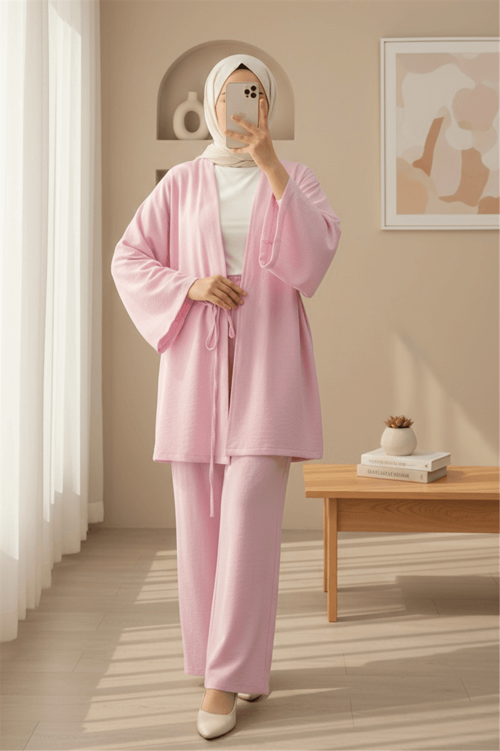 Önden Bağlamalı Pantolonlu Kimono Takım         -Pembe-Takım-223-3000-R20